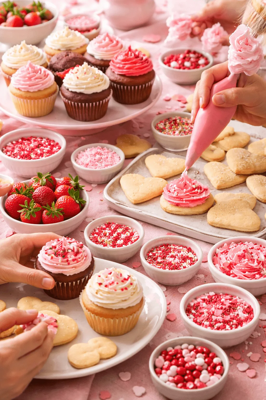 Hands decorating heart shaped cookies and cupcakes with pink frosting sprinkles strawberries and baking supplies