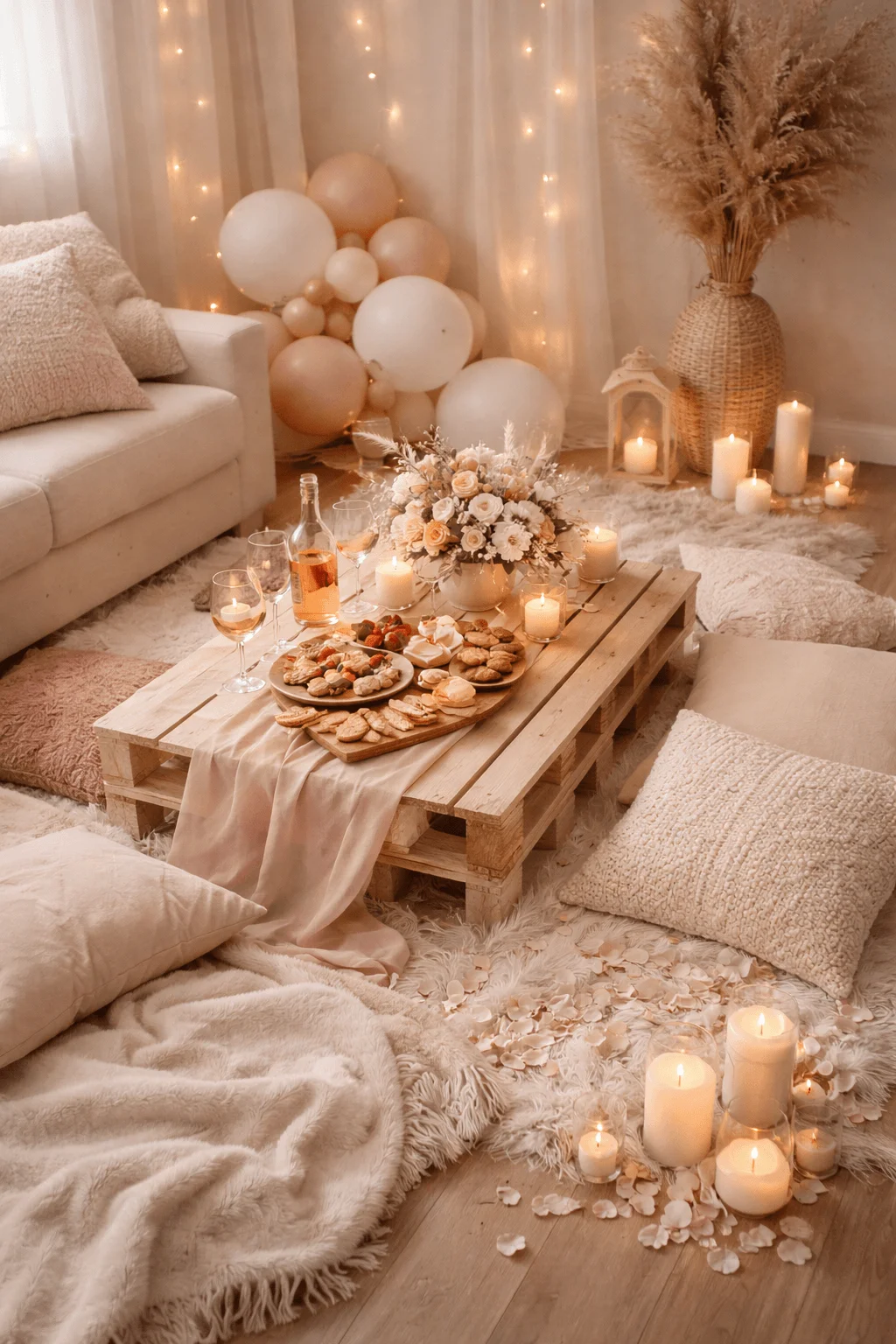 Cozy Valentine picnic setup with floor cushions candles fairy lights neutral balloons floral centerpiece and a low wooden table with snacks