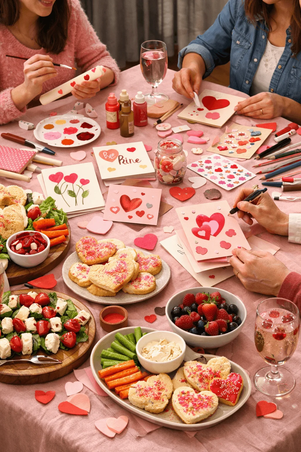 Friends making Valentine cards at a craft table with heart shaped cookies snacks fruit drinks and art supplies