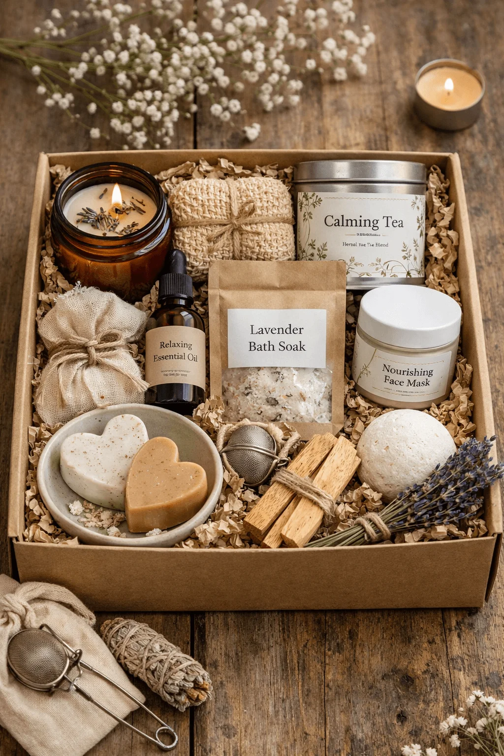 Curated self care gift box with a candle, calming tea, lavender bath soak, nourishing face mask, essential oil, heart shaped soaps, bath bomb, dried lavender, palo santo sticks, and spa accessories on a rustic wooden table