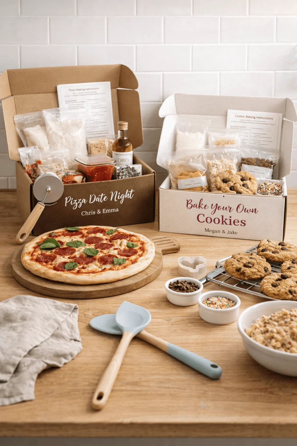 Custom baking and cooking kits displayed with pizza and cookie date night boxes, premeasured ingredients, recipe cards, kitchen tools, a fresh pizza on a wooden board, and baked cookies cooling on a rack