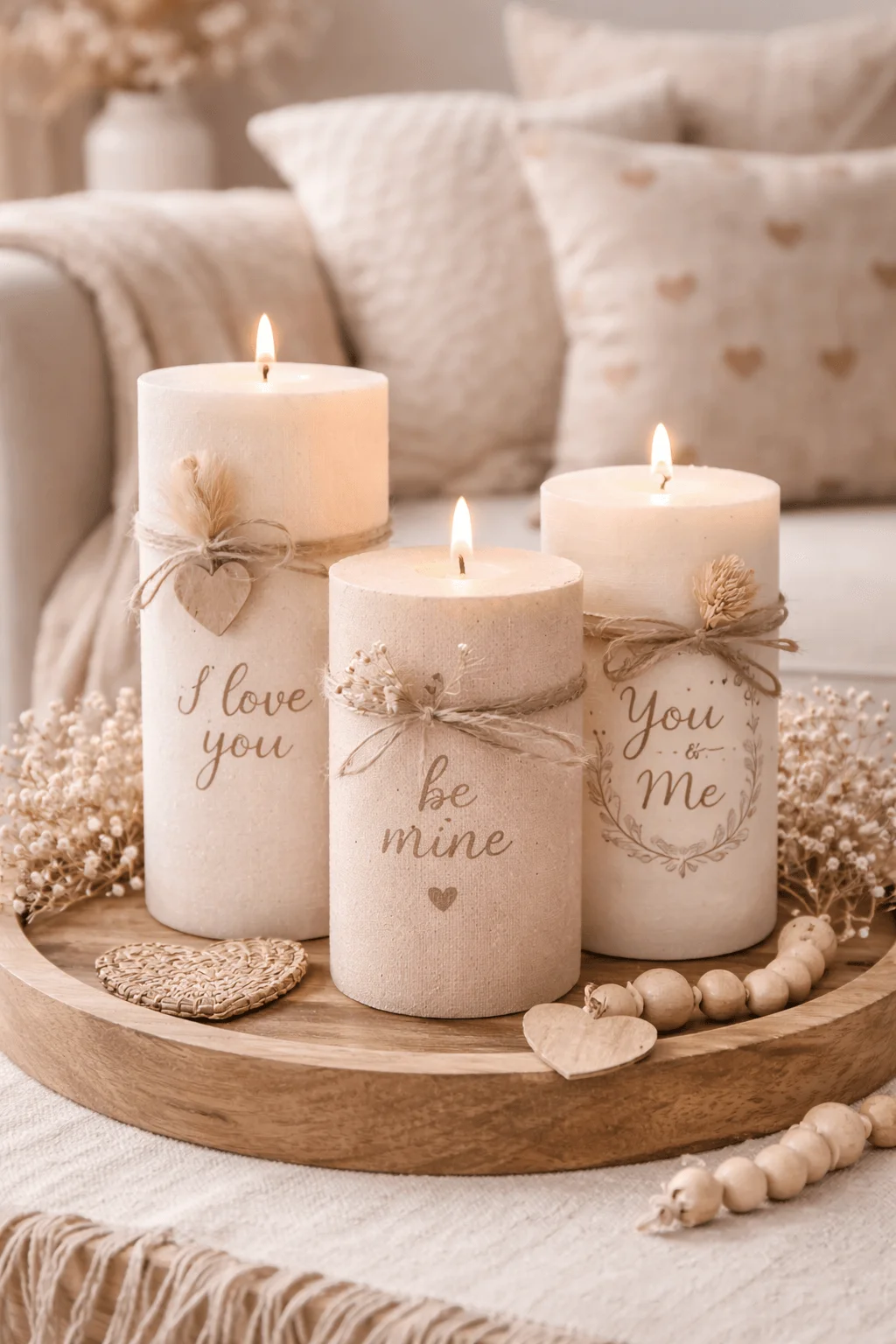 Three decorative candles with romantic messages on a wooden tray surrounded by soft neutral decor and heart accents