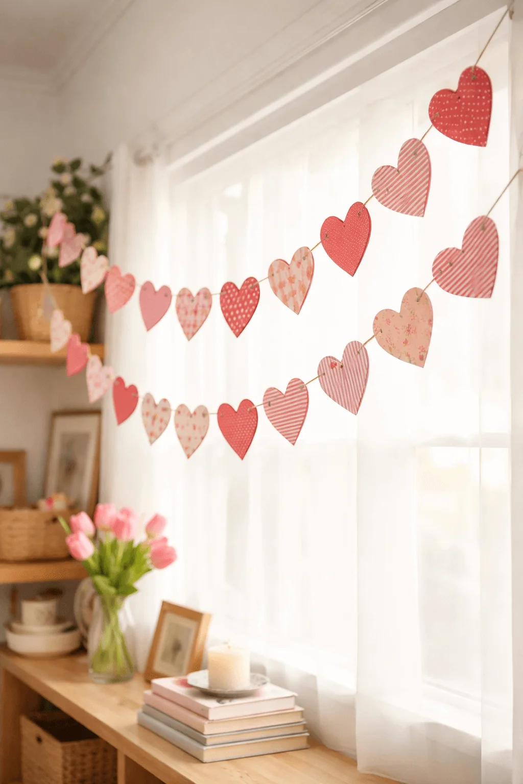 DIY paper heart garland in shades of pink and red hanging across a bright window with cozy shelf decor and tulips