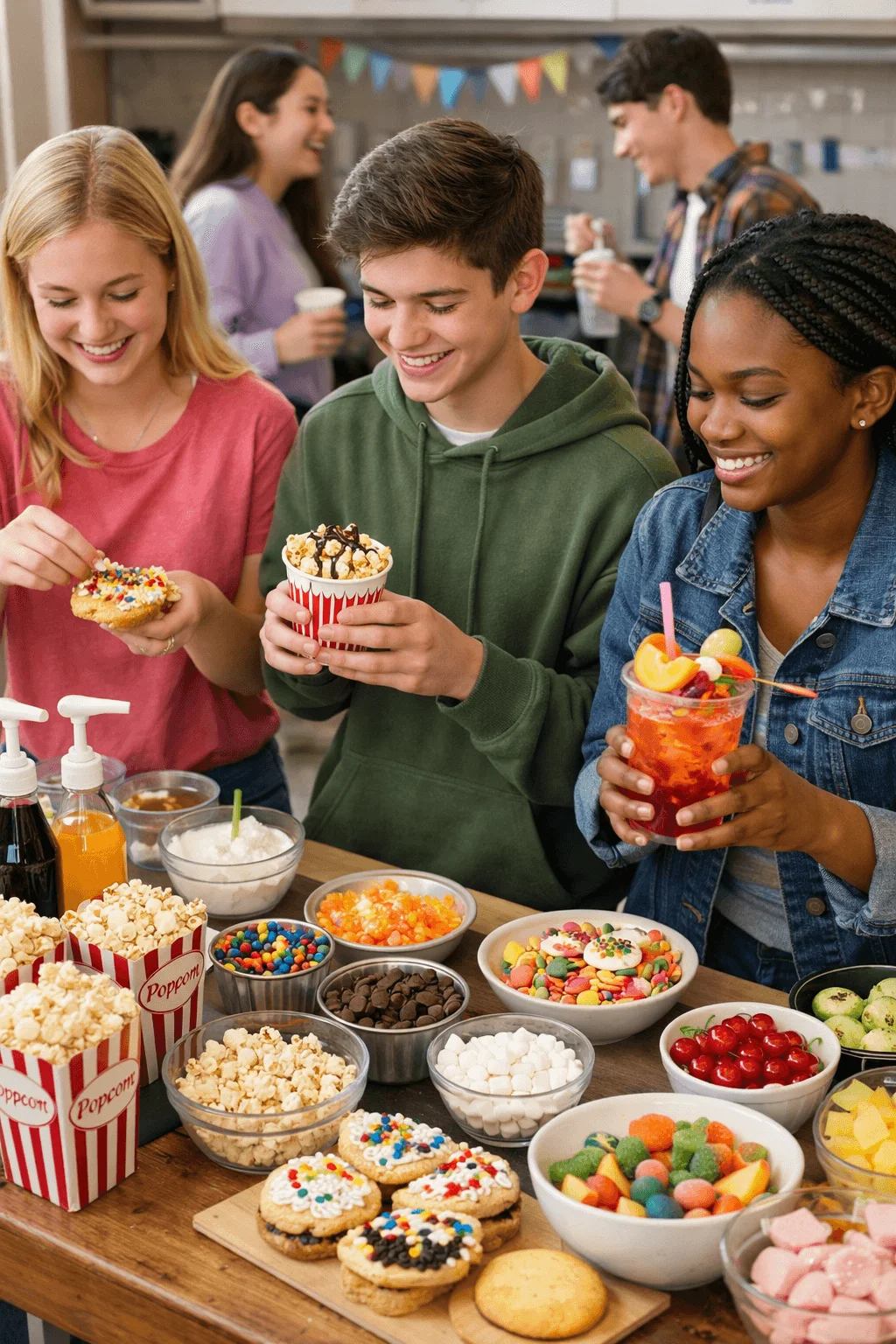 Teen students smiling and customizing desserts and drinks at a colorful DIY snack bar with popcorn candy cookies and fruit