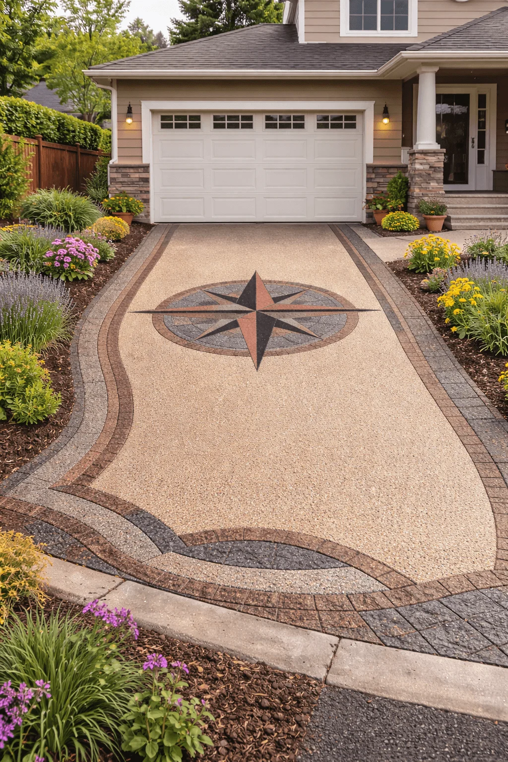 Decorative permeable resin driveway with intricate compass rose pattern and contrasting stone borders leading to a suburban garage, surrounded by landscaped flower beds and ornamental plants