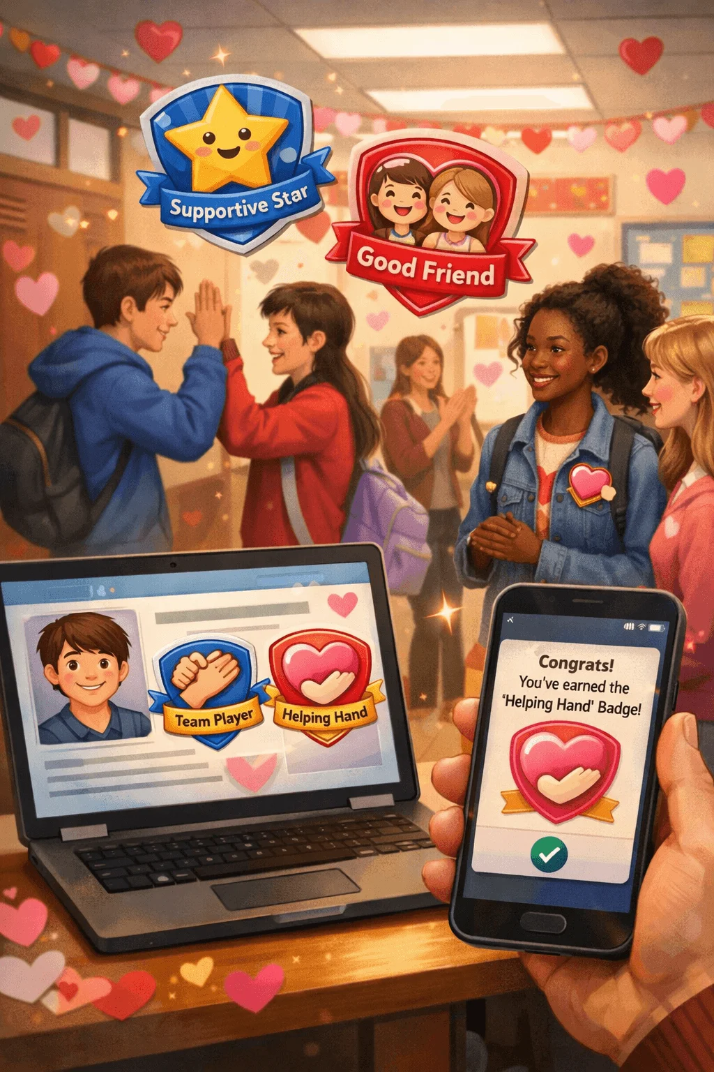 Students earning and sharing digital kindness badges on phones and laptops in a school hallway with heart decorations