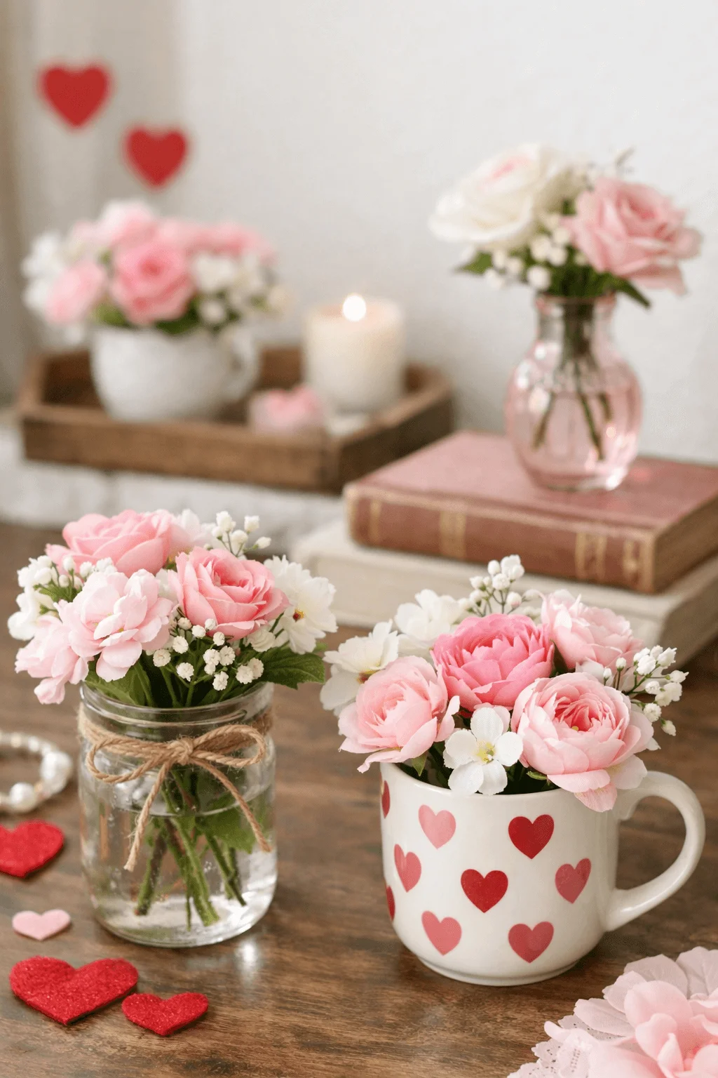 Budget friendly Valentine floral displays with pink roses and white flowers arranged in mason jars and heart patterned mugs on a wooden table