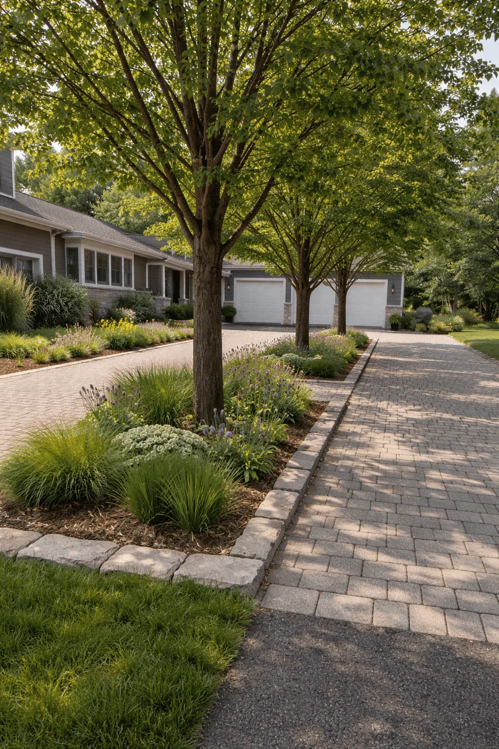 Residential paver driveway with integrated tree trenches and structural soil beds featuring evenly spaced shade trees, native grasses, and stone edging in front of a modern suburban home with multiple garages
