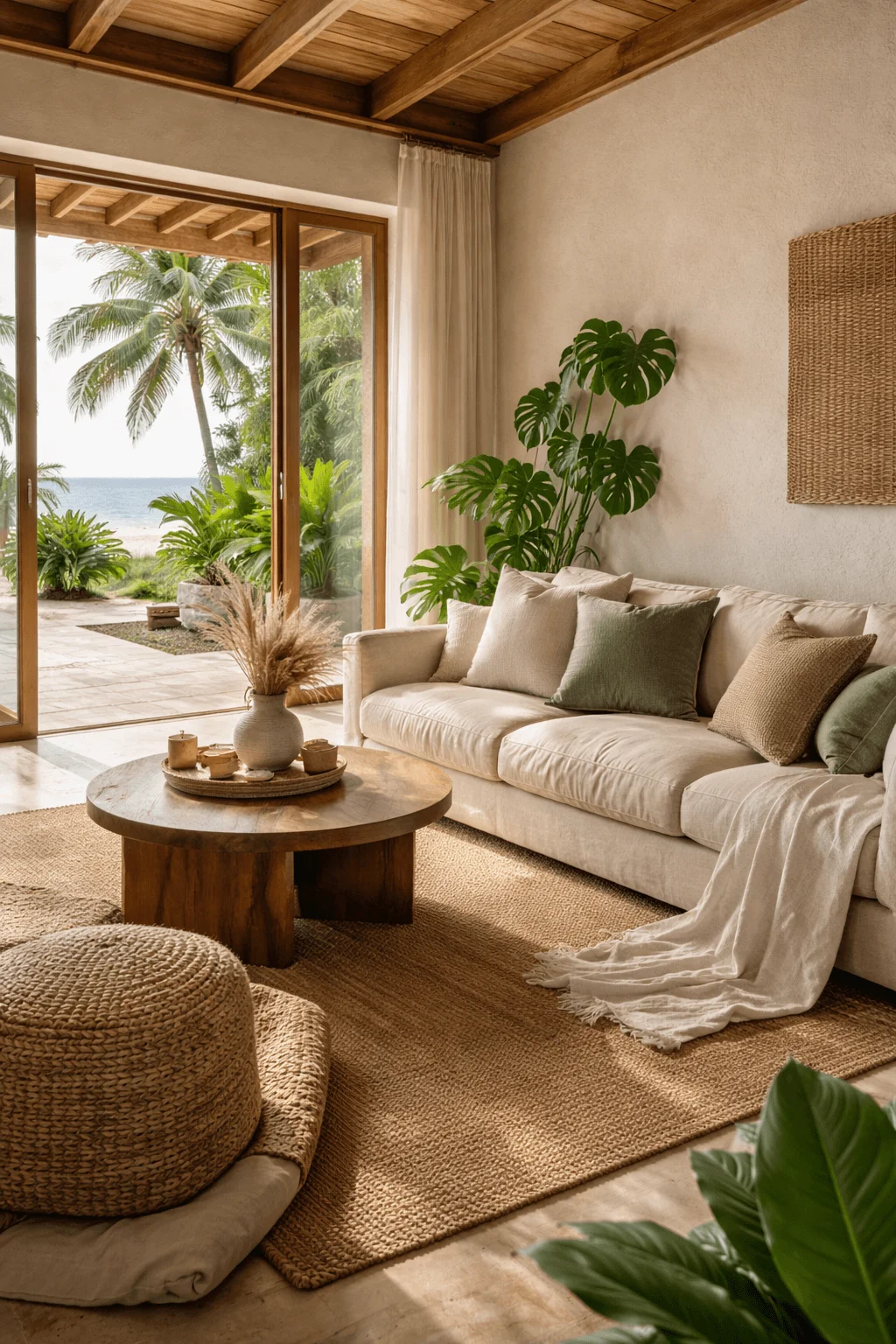 Tropical beach house living room with natural fiber rug, woven pouf, wooden coffee table, and linen sofa, opening to palm trees and ocean views through sliding glass doors.
