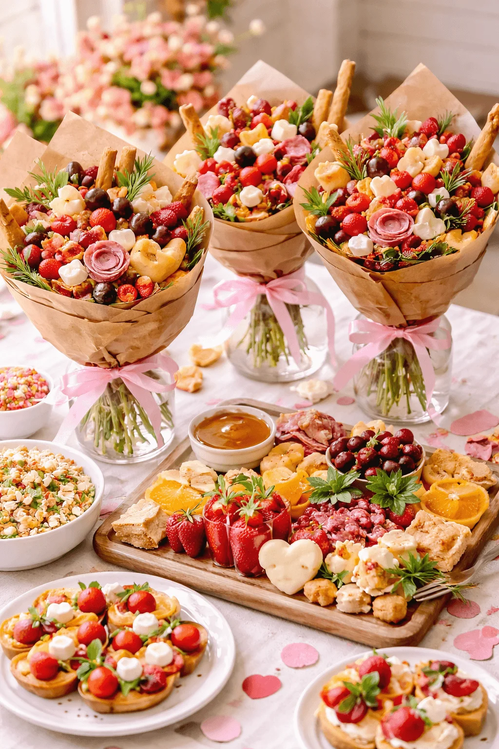 Edible bouquet lunch setup with charcuterie cone bouquets fruit cheese meats desserts and pink ribbon decorations