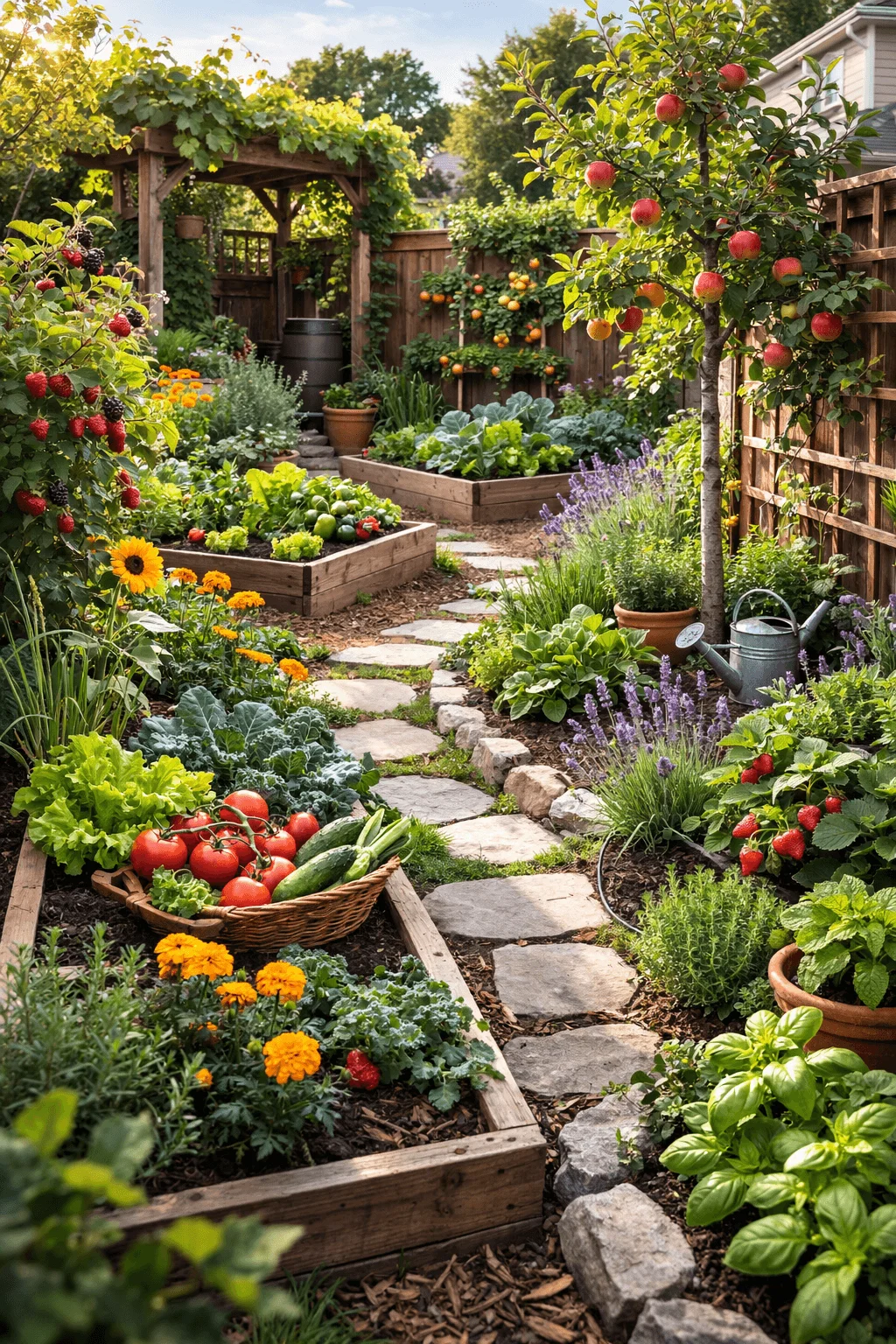 Lush backyard edible landscape featuring raised wooden garden beds filled with leafy greens, tomatoes, and herbs, a basket of freshly harvested vegetables, strawberry and raspberry plants, an apple tree with ripe fruit, marigolds and lavender for companion planting, and a wooden pergola draped in vines along a stone pathway leading through the garden