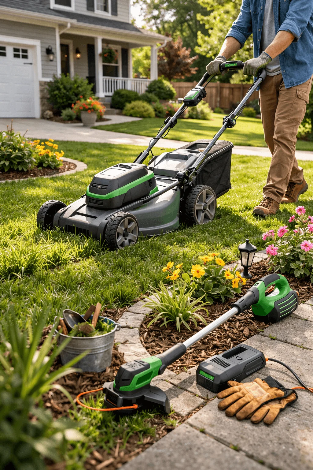 Homeowner mowing a green suburban lawn with a cordless electric lawn mower while a matching battery-powered string trimmer, charger, gloves, and small garden tools rest on the stone edging near colorful flower beds in front of a house