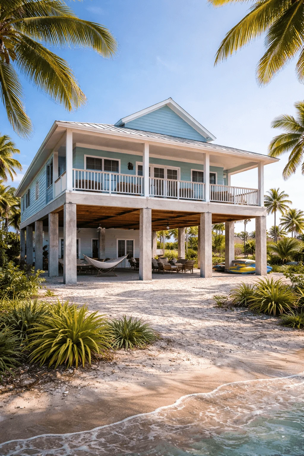 Coastal beach house elevated on reinforced concrete stilts for flood resilience, featuring a light blue exterior, wraparound porch, and shaded open space beneath the home. The raised foundation protects against storm surge and rising tides, while palm trees and sandy shoreline surround the structure in a tropical setting.