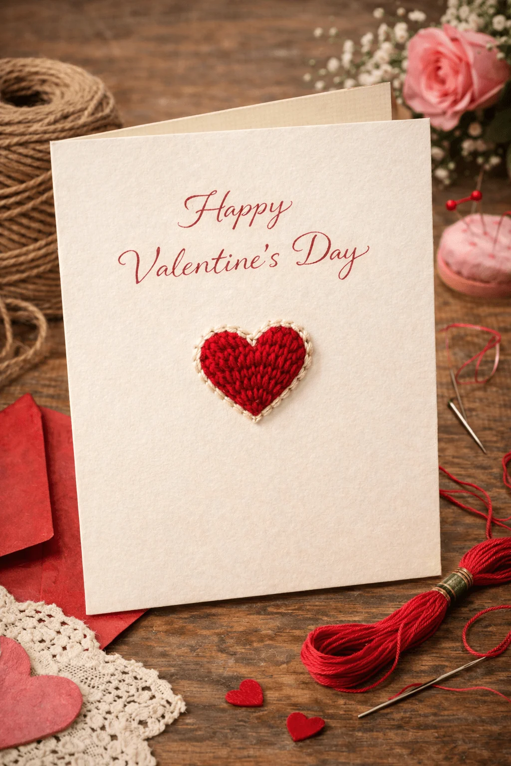 Embroidered heart Valentine card with happy Valentine’s Day text on cream paper surrounded by red thread needle twine lace and craft supplies on a wooden table