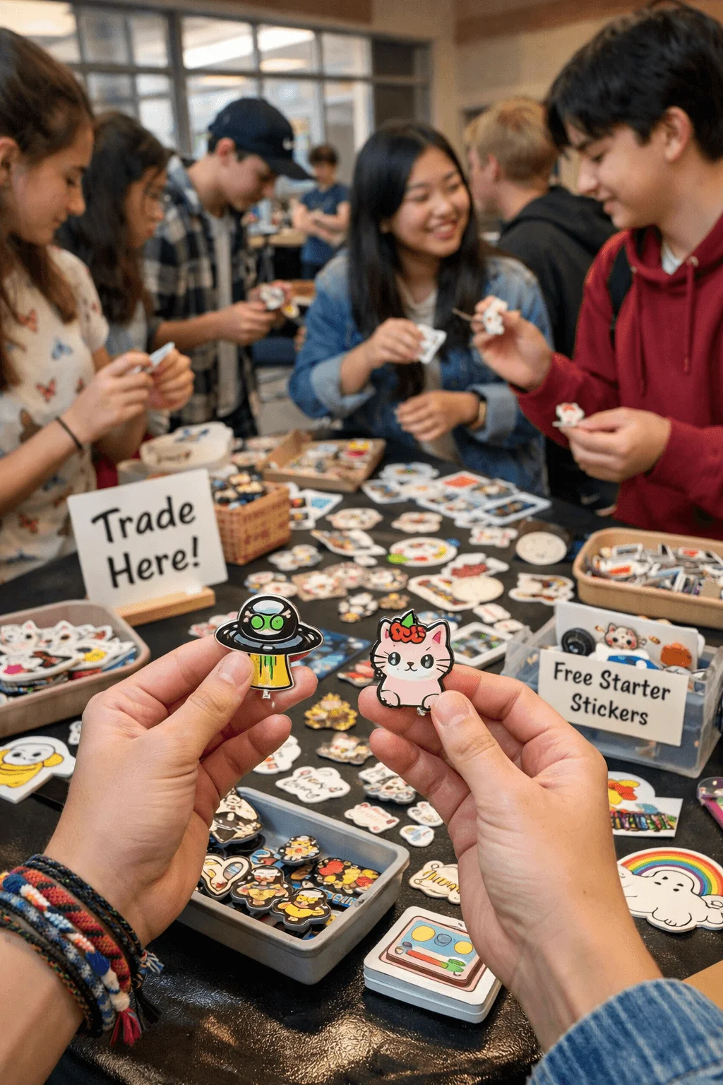Students trading stickers and enamel pins at a school swap table with free starter stickers and trade signs