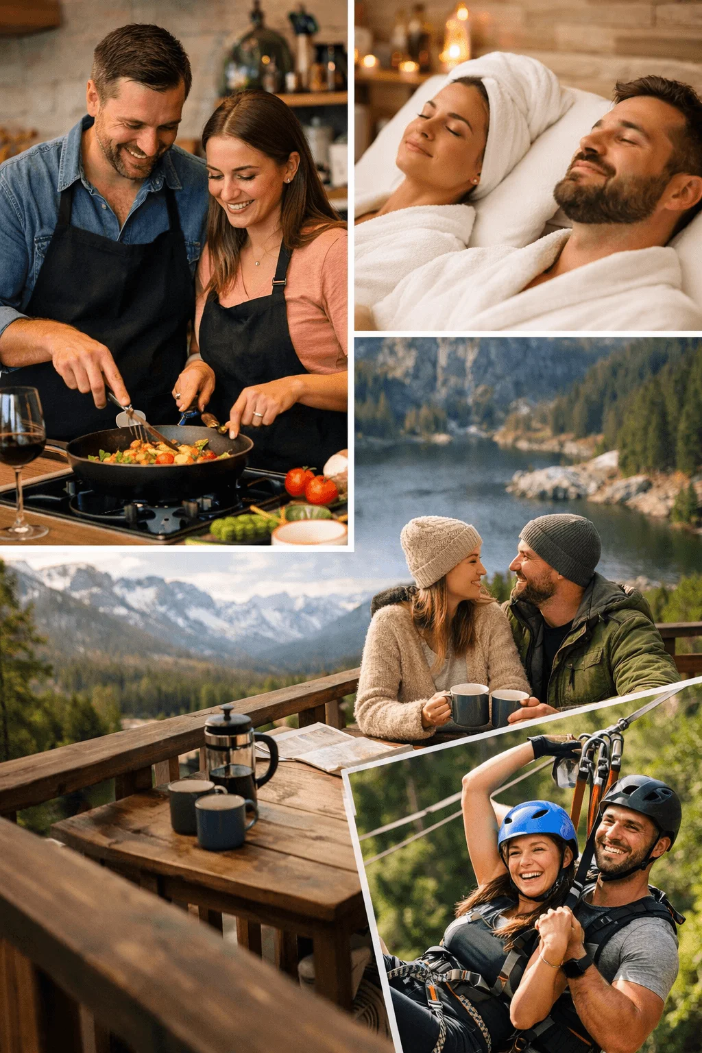 Collage of couples enjoying shared experiences including cooking together, relaxing at a spa, hiking and sipping coffee in the mountains, and zip lining through a forest