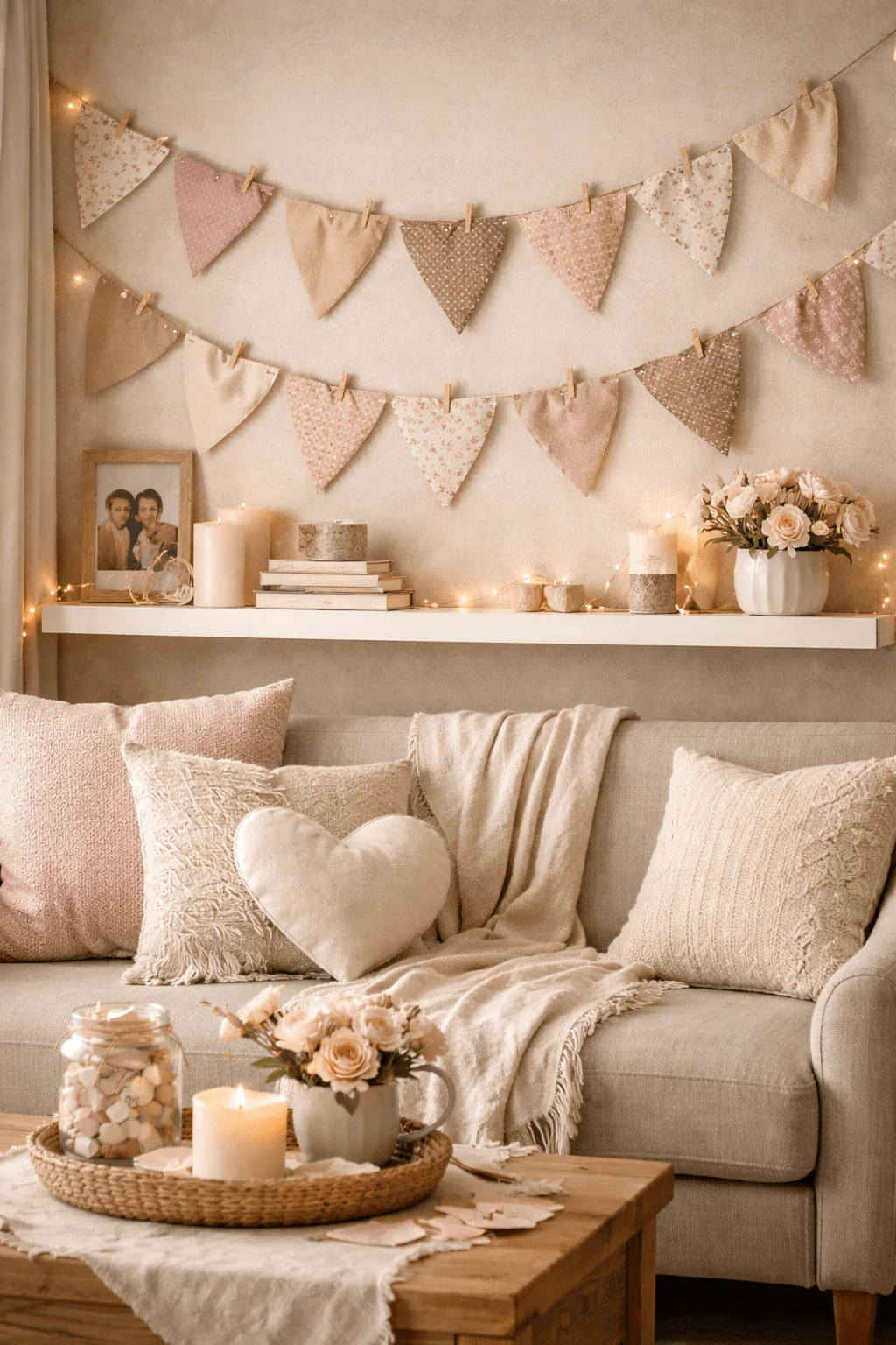 Fabric bunting garland in soft blush and neutral tones hanging above a cozy sofa with heart pillow candles floral decor and warm fairy lights