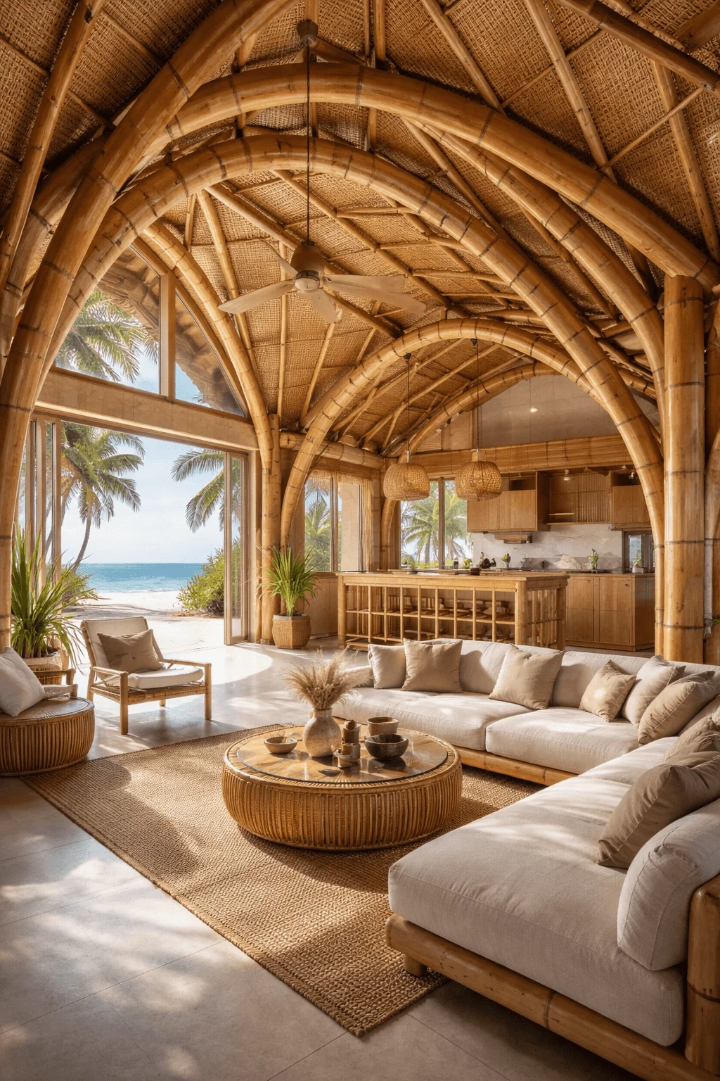 Open-concept tropical beach house interior constructed with fast-regenerating bamboo, featuring curved bamboo structural arches, woven bamboo ceiling panels, and matching bamboo furniture. Large glass doors frame ocean views, while natural textures, neutral cushions, and soft coastal light create a sustainable, airy living space.
