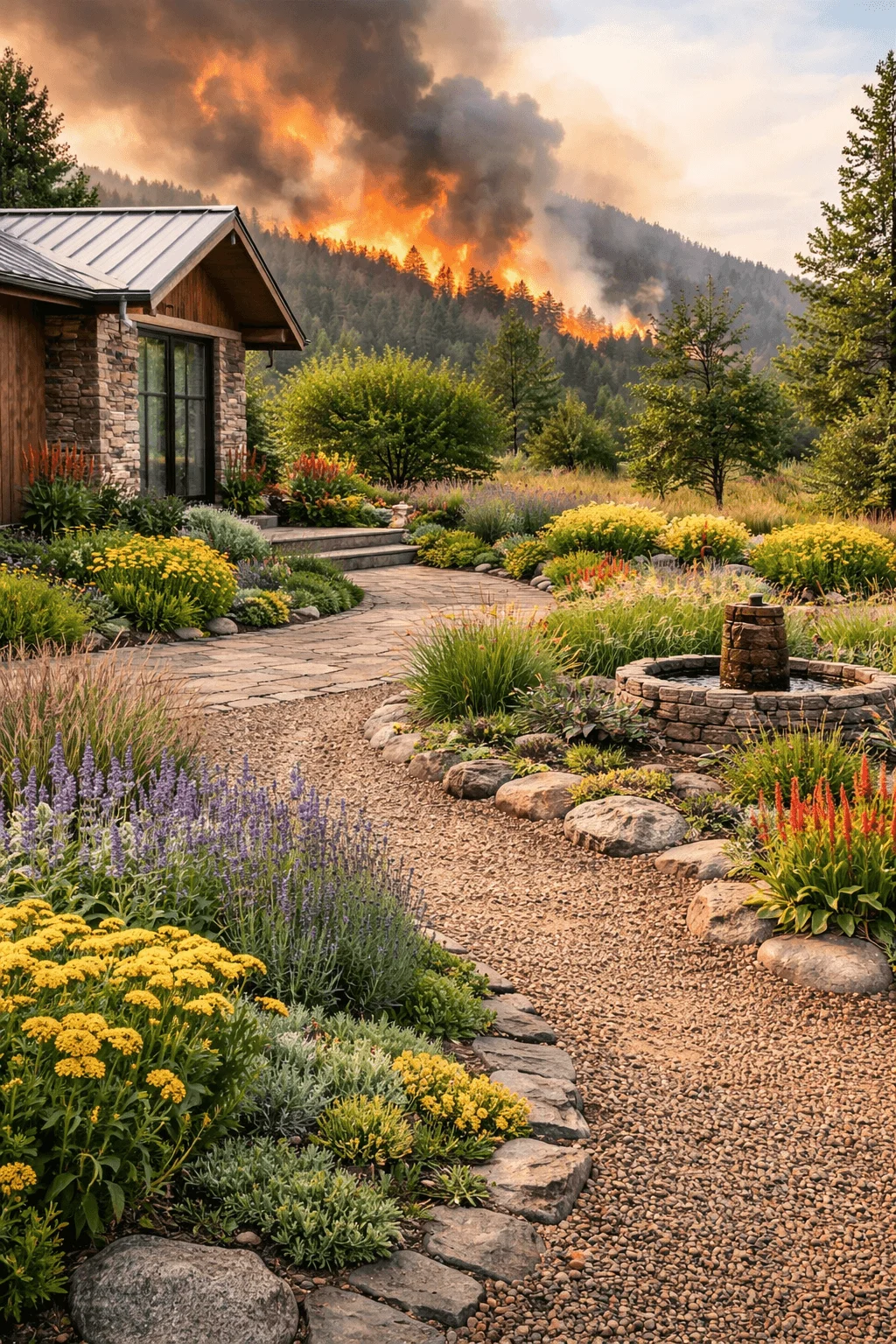 Fire-wise landscaped yard surrounding a home with gravel pathways, stone borders, and well-spaced drought-tolerant plants creating defensible space, while a wildfire burns in the distant forested hills under a smoky sky