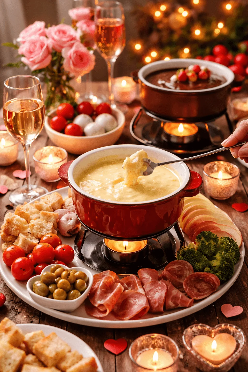 Valentine’s Day cheese fondue with bread cured meats vegetables olives candles and champagne on a romantic table setting
