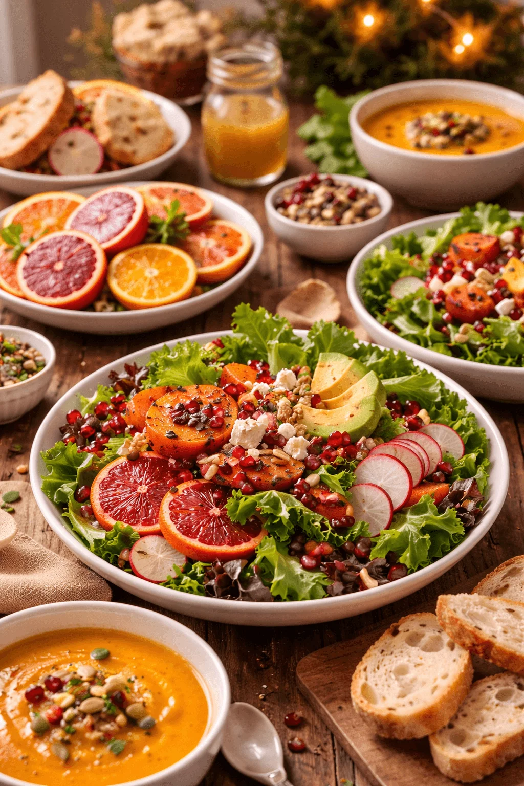 Fresh winter lunch spread with citrus salad avocado pomegranate roasted vegetables soups and crusty bread on a rustic table