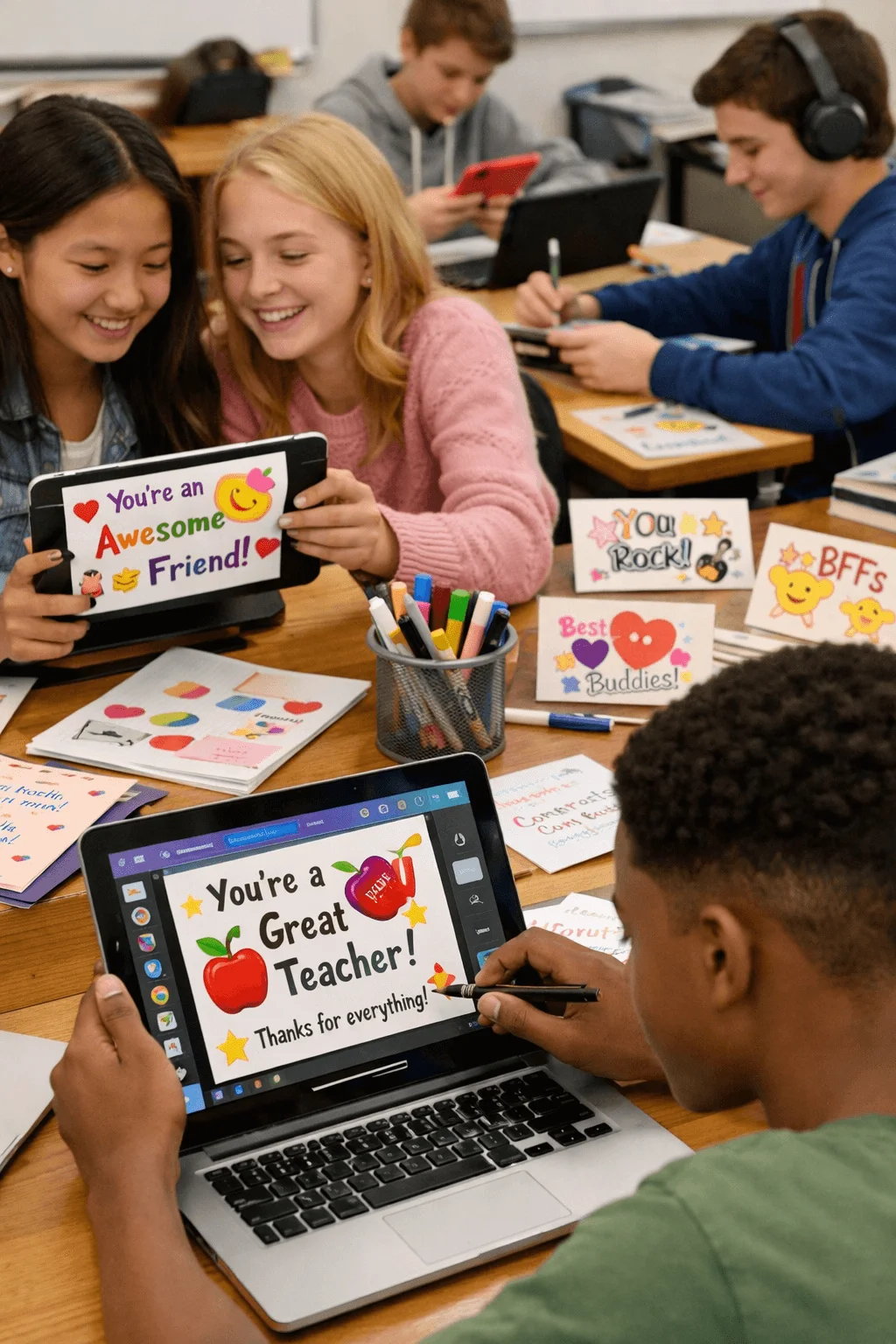 Students in a classroom creating digital friendship and teacher appreciation cards on tablets and laptops with colorful markers and handmade notes on desks