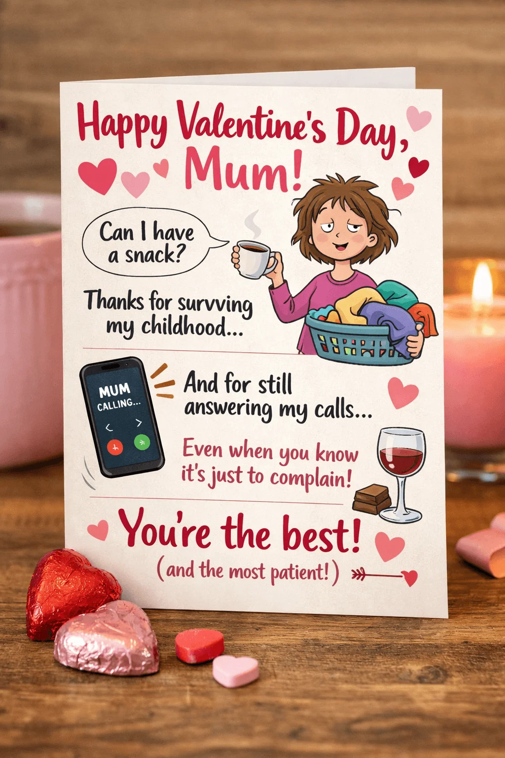 Funny Valentine card for mum with cartoon illustration hearts phone calling mum laundry basket coffee wine chocolate and humorous messages on a wooden table