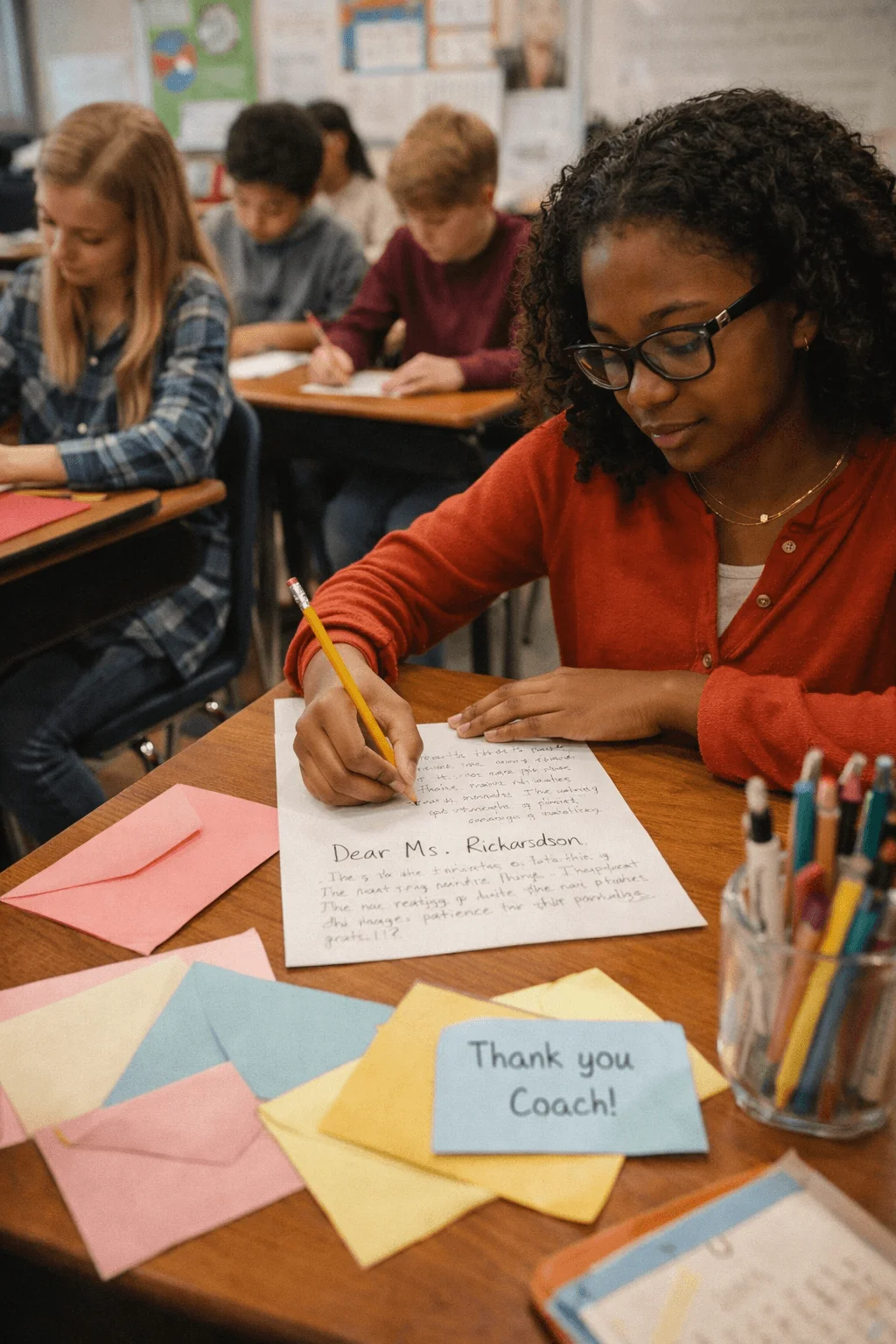Student writing a gratitude letter in class with colorful envelopes and thank you notes on the desk and classmates working in the background