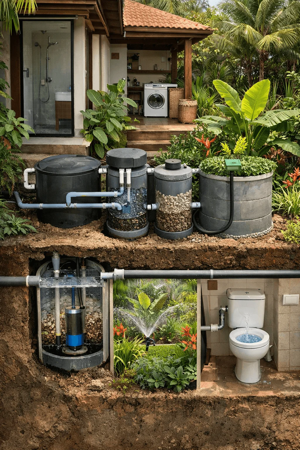 Greywater recycling system at a tropical home, showing filtration tanks and underground pump components that reuse household water for garden irrigation and toilet flushing.