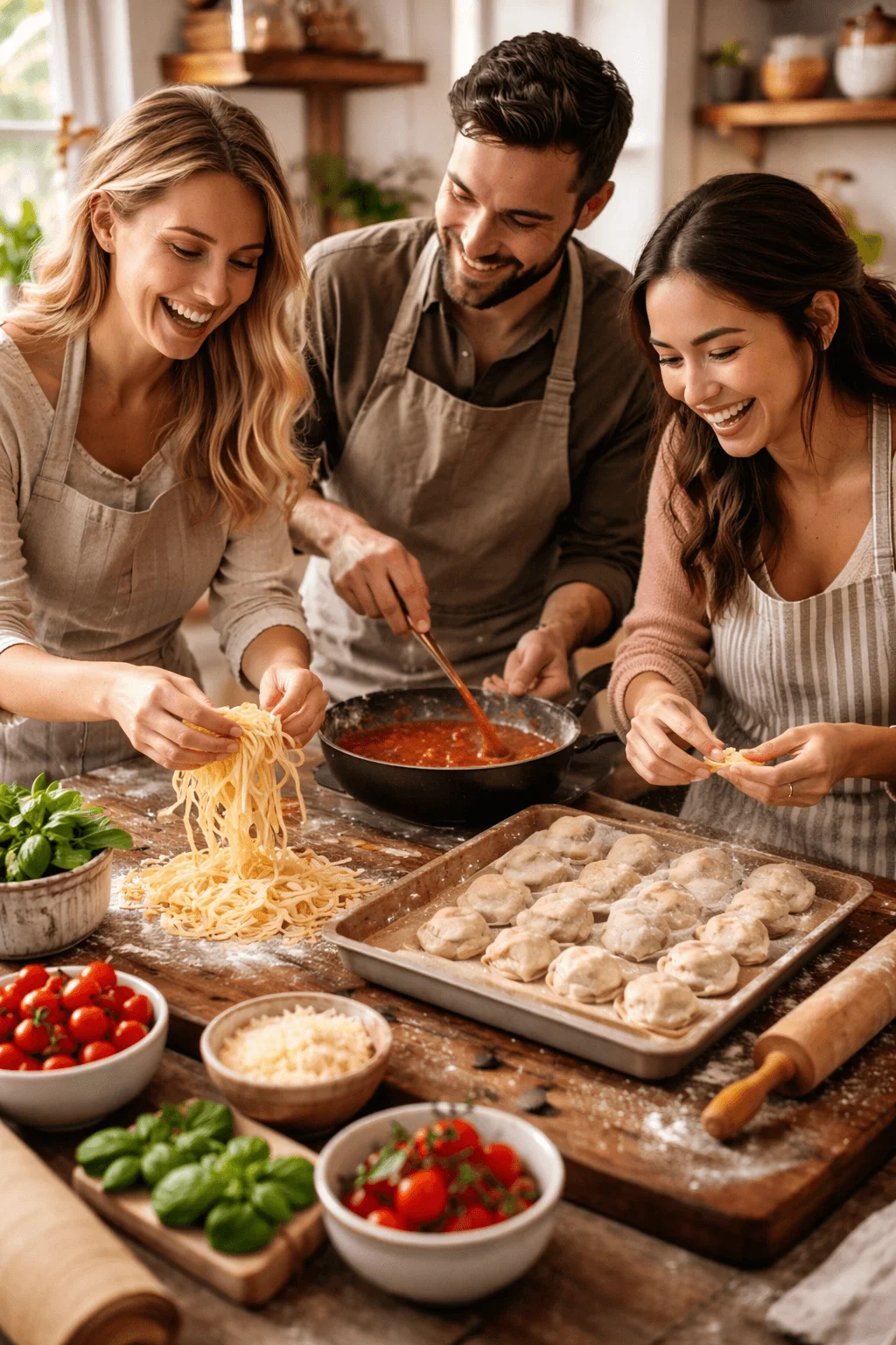Friends cooking together making fresh pasta and dumplings with sauce herbs tomatoes and rolling pin on a wooden kitchen table
