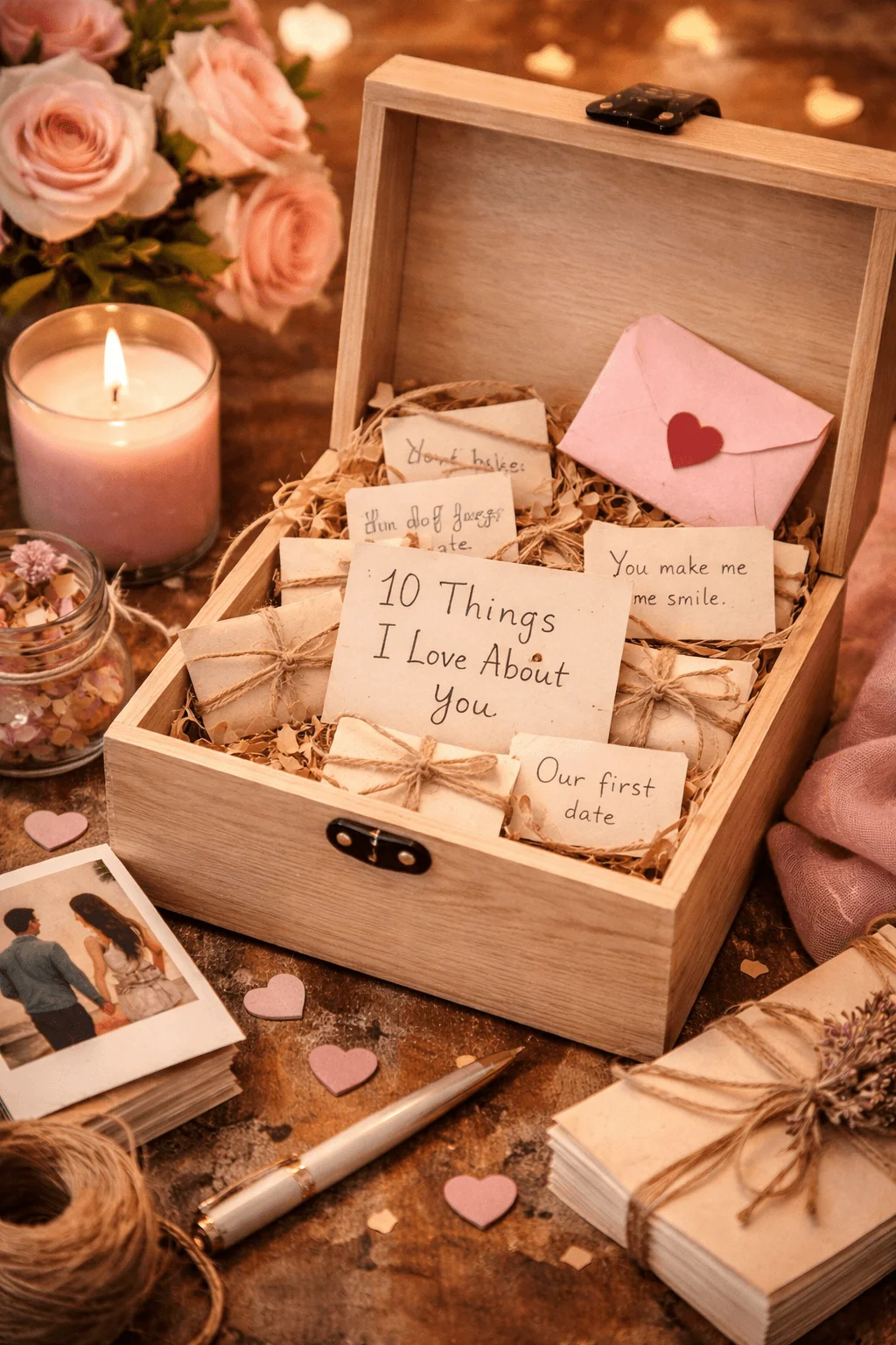 Handcrafted keepsake box filled with love notes, small envelopes, and romantic messages surrounded by candles, roses, and photos on a cozy table