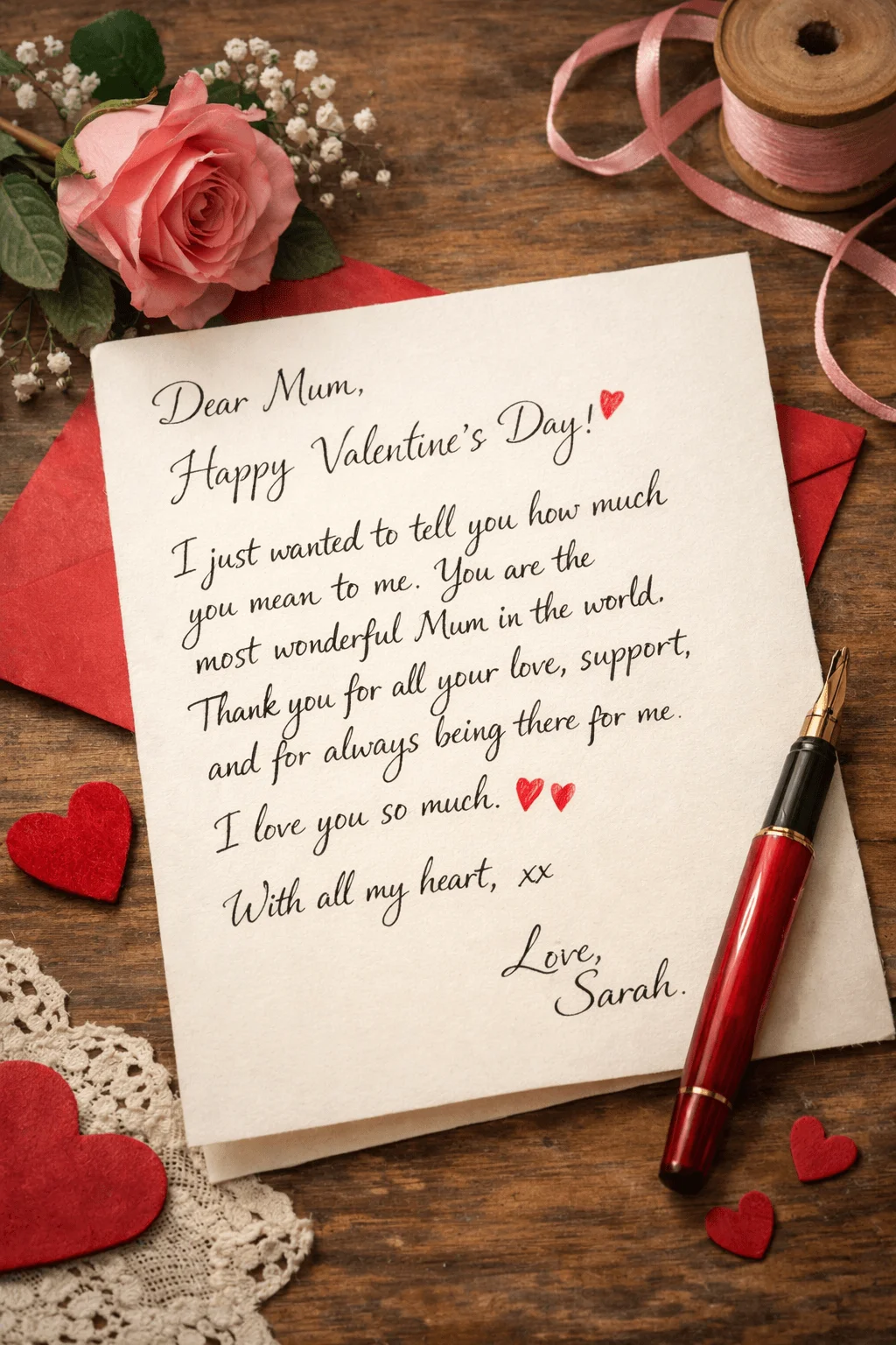 Handwritten Valentine card letter for mum with heartfelt message on cream paper with red envelope rose ribbon hearts and fountain pen on a wooden table