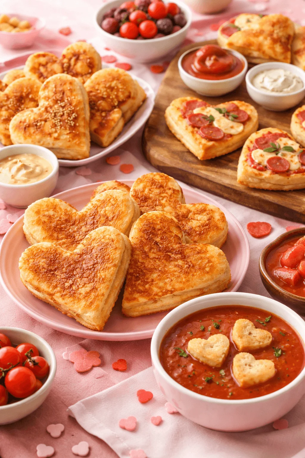 Heart shaped grilled sandwiches with tomato soup dipping sauces and Valentine themed snacks on a pink table setting