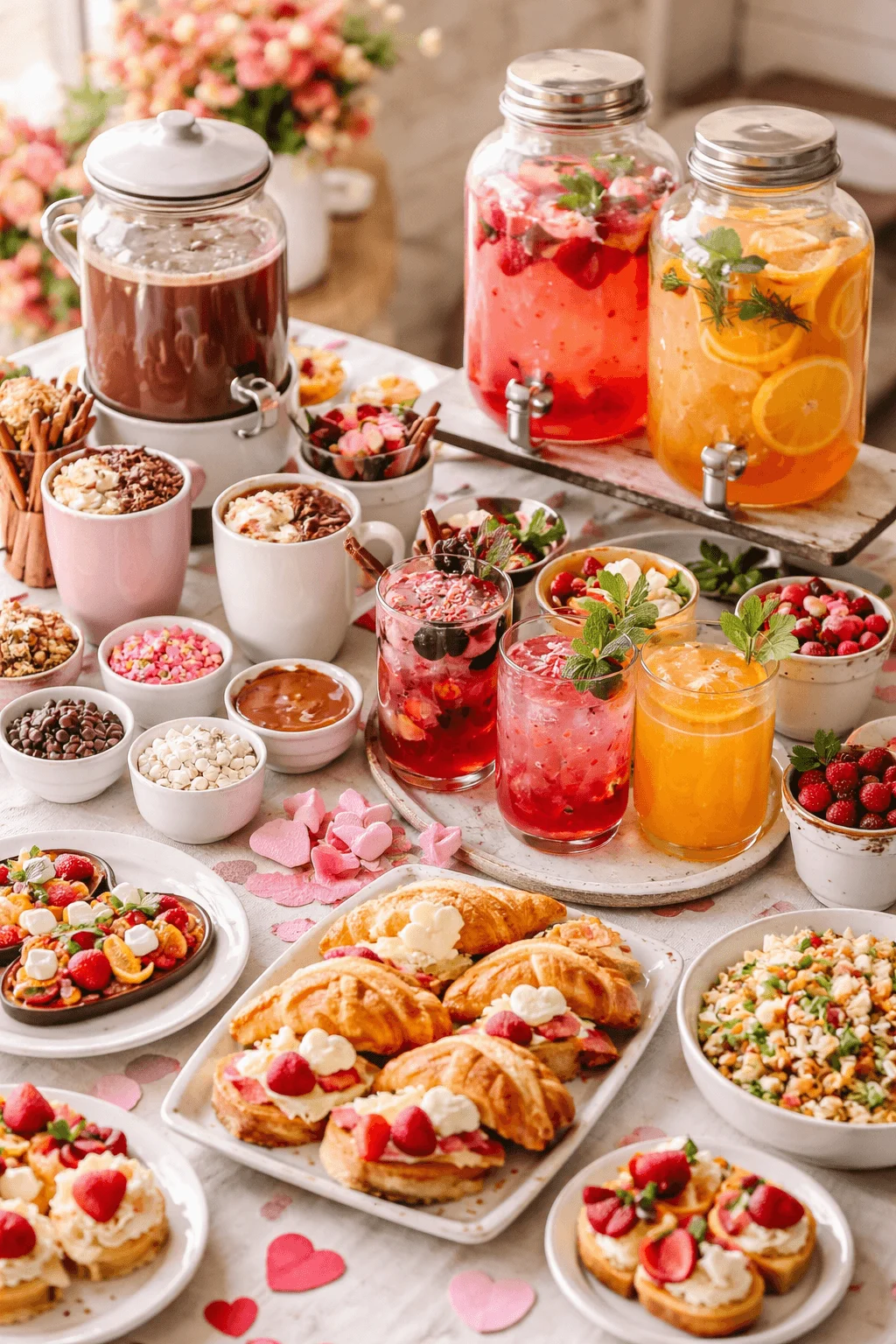Hot chocolate and mocktail station with croissants fruit toppings jars of drinks and Valentine themed decorations on a bright table