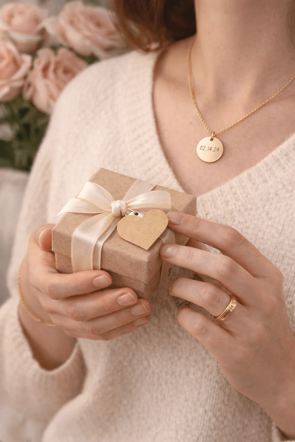 Woman holding a small gift box tied with ribbon and wearing a personalized date necklace and ring with roses in the background
