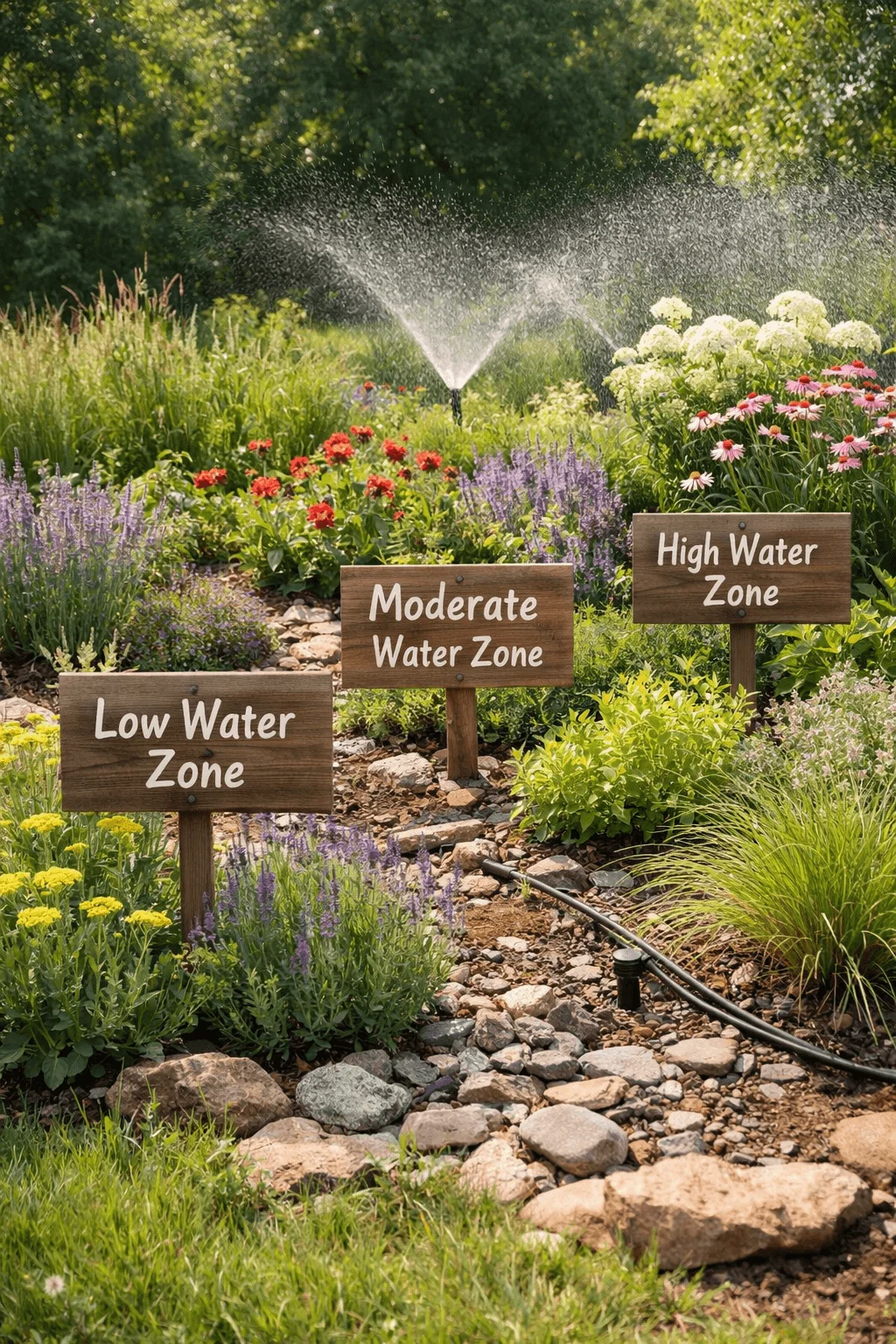 Garden landscape divided into low moderate and high water zones with wooden signs labeling each area surrounded by flowering plants rocks drip irrigation lines and sprinklers watering in the background