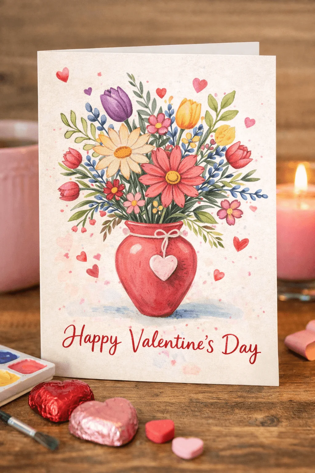 Watercolor style Valentine card with a red vase of colorful flowers hearts around and the words Happy Valentine’s Day on the front
