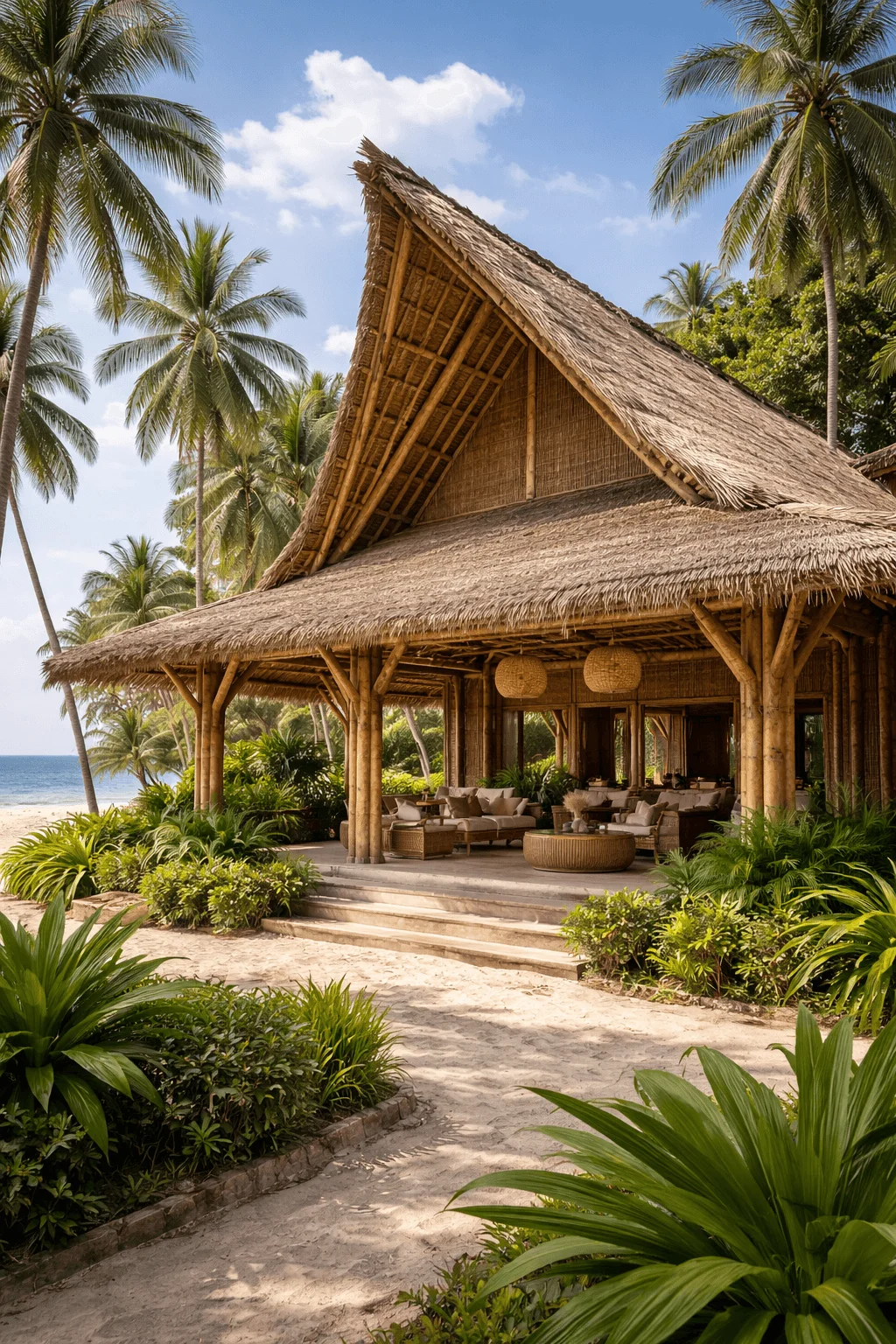 Tropical beachfront home with a steep thatched roof and bamboo structure, surrounded by palm trees and lush native landscaping.