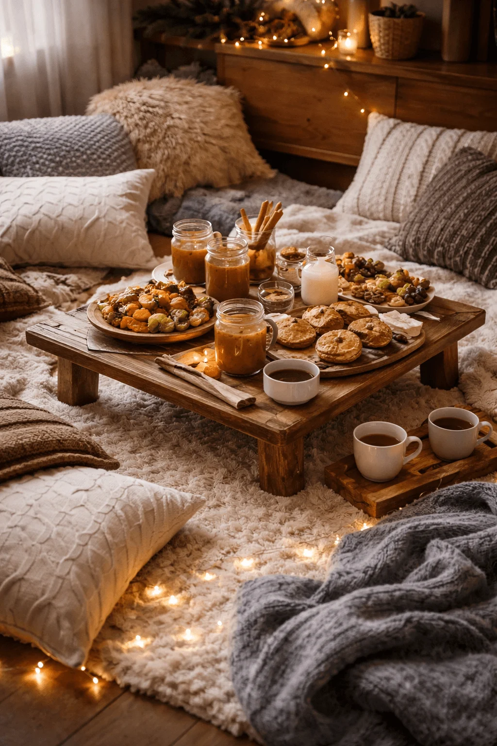 Cozy indoor picnic with low wooden table, warm drinks, pastries, candles, and soft blankets in a warm living room setting