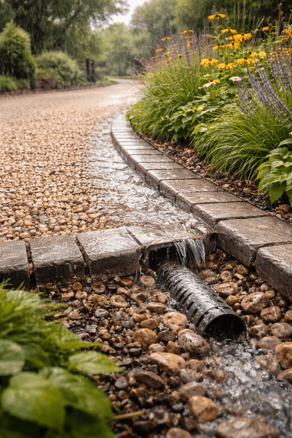Rainwater flowing along a gravel driveway into an integrated permeable edging system with stone pavers directing runoff into a perforated infiltration trench pipe surrounded by river rock, bordered by native flowering plants and lush greenery on a rainy day