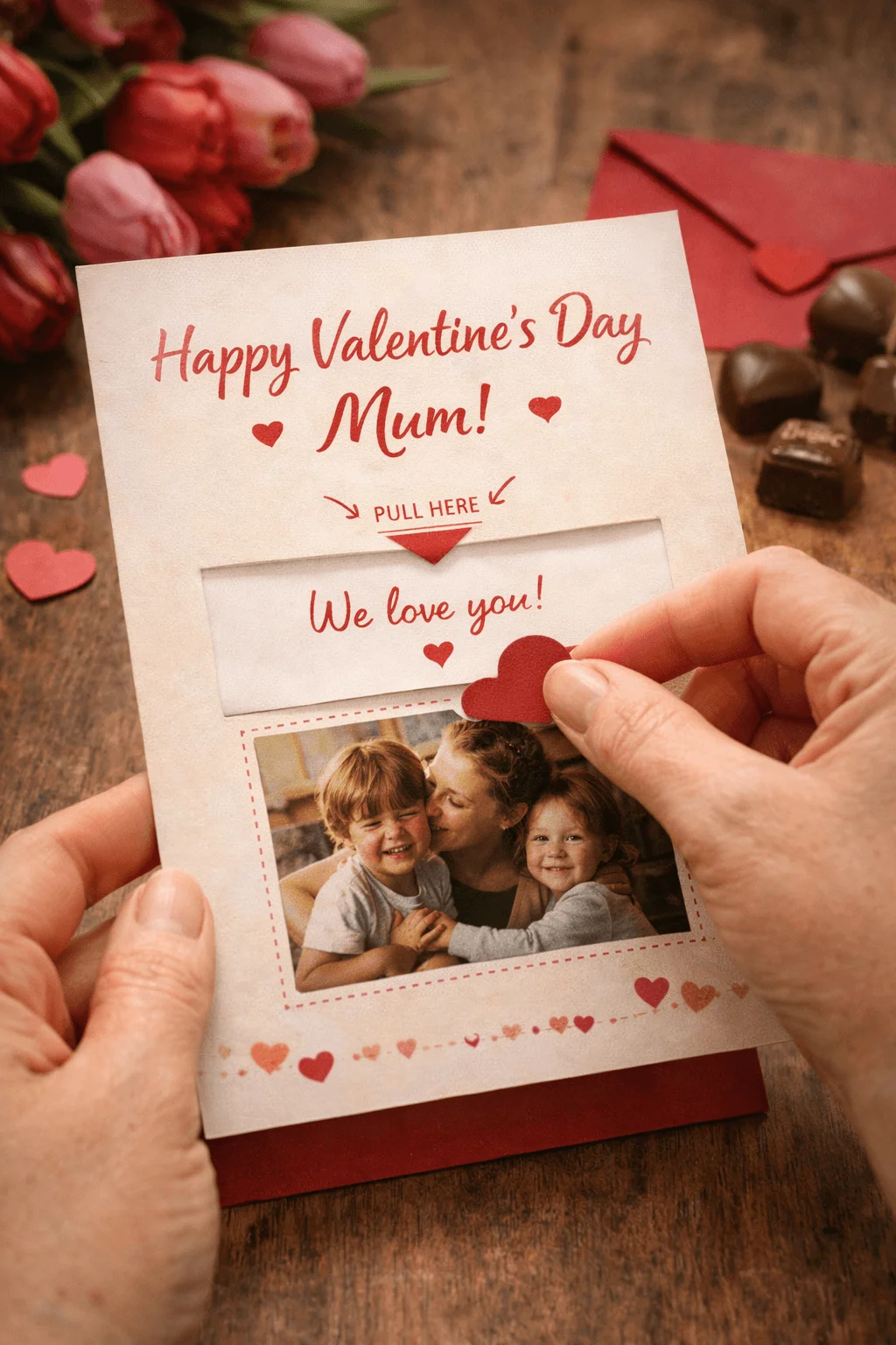 Interactive pull tab Valentine card for mum with we love you message family photo hearts chocolates envelope and tulips on a wooden table