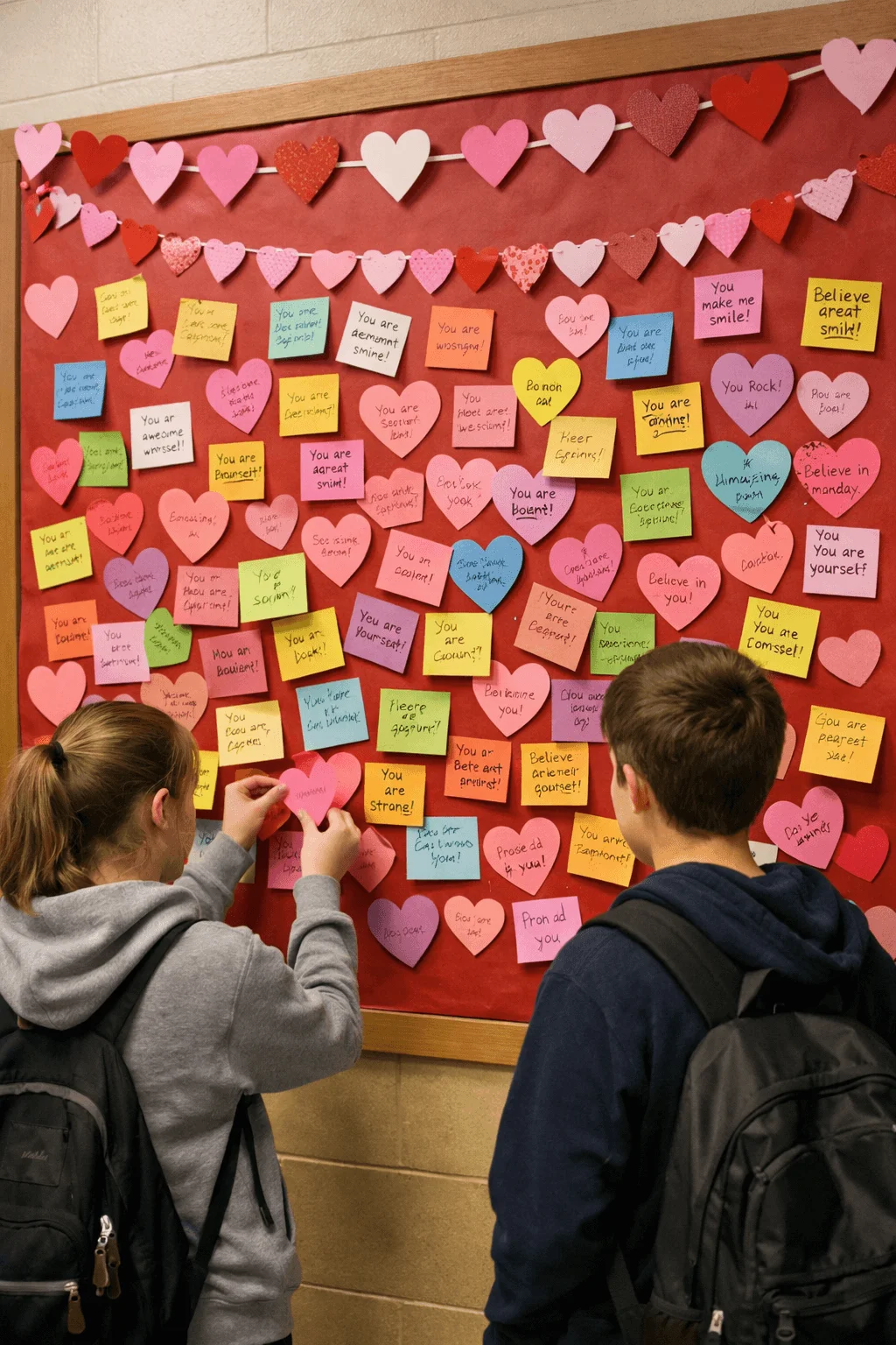 Students adding colorful heart shaped notes with positive messages to a kindness wall in a school hallway