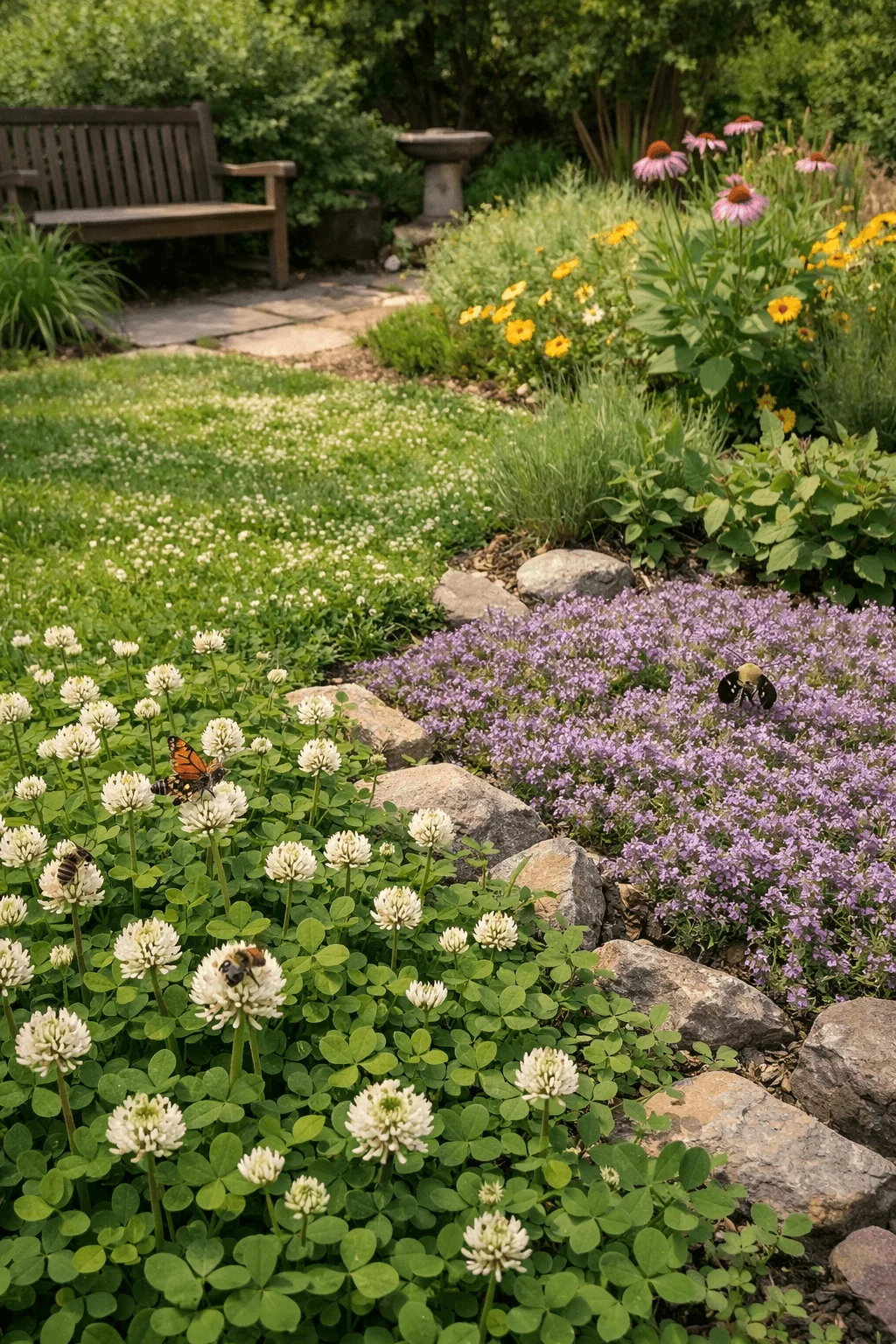 Backyard garden with clover and flowering groundcovers replacing traditional lawn bordered by stones and native plants with bees and butterflies visiting blooms near a bench and birdbath
