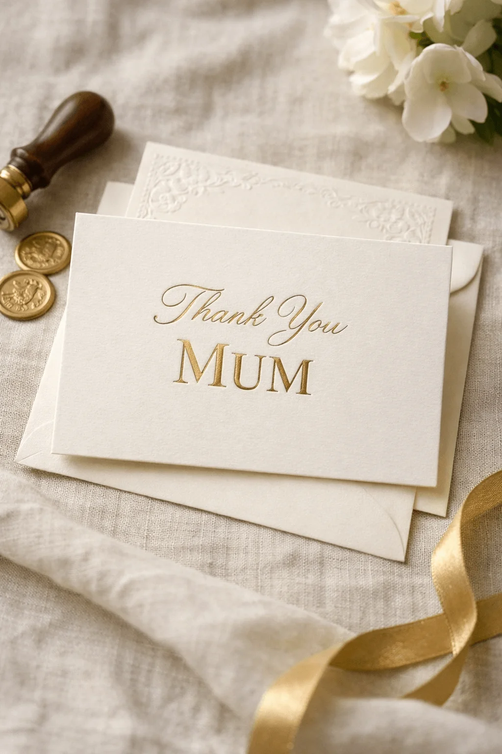 Elegant thank you mum card with gold foil lettering on cream paper resting on a table with ribbon wax seal and envelope