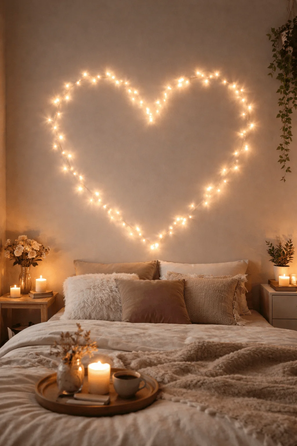 Heart shaped string lights on a bedroom wall creating a cozy romantic atmosphere with candles soft bedding and warm decor