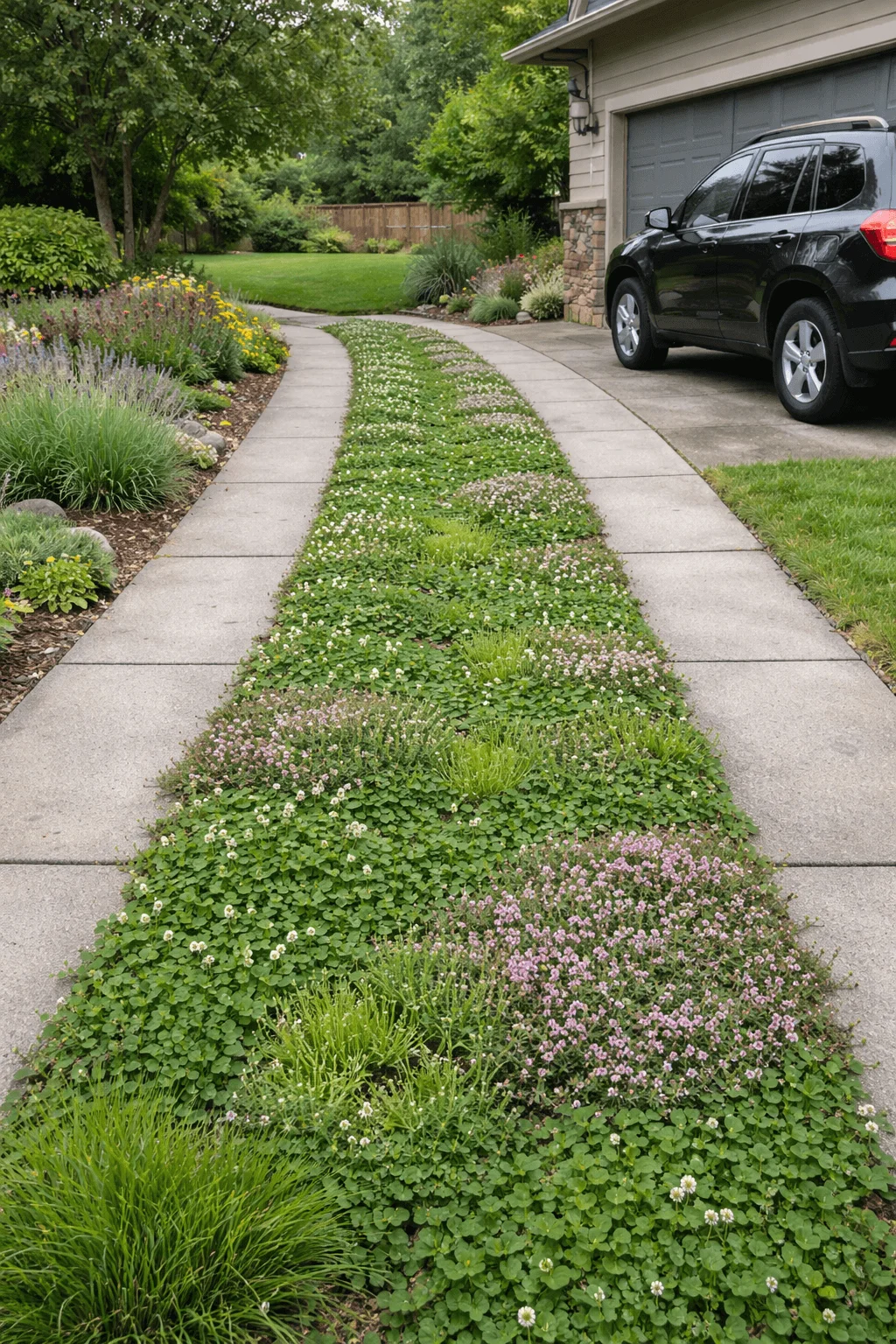 Curved residential driveway with concrete wheel tracks and a central strip planted with low growing groundcovers and clover creating a living green driveway bordered by native garden beds and a parked SUV near a suburban home