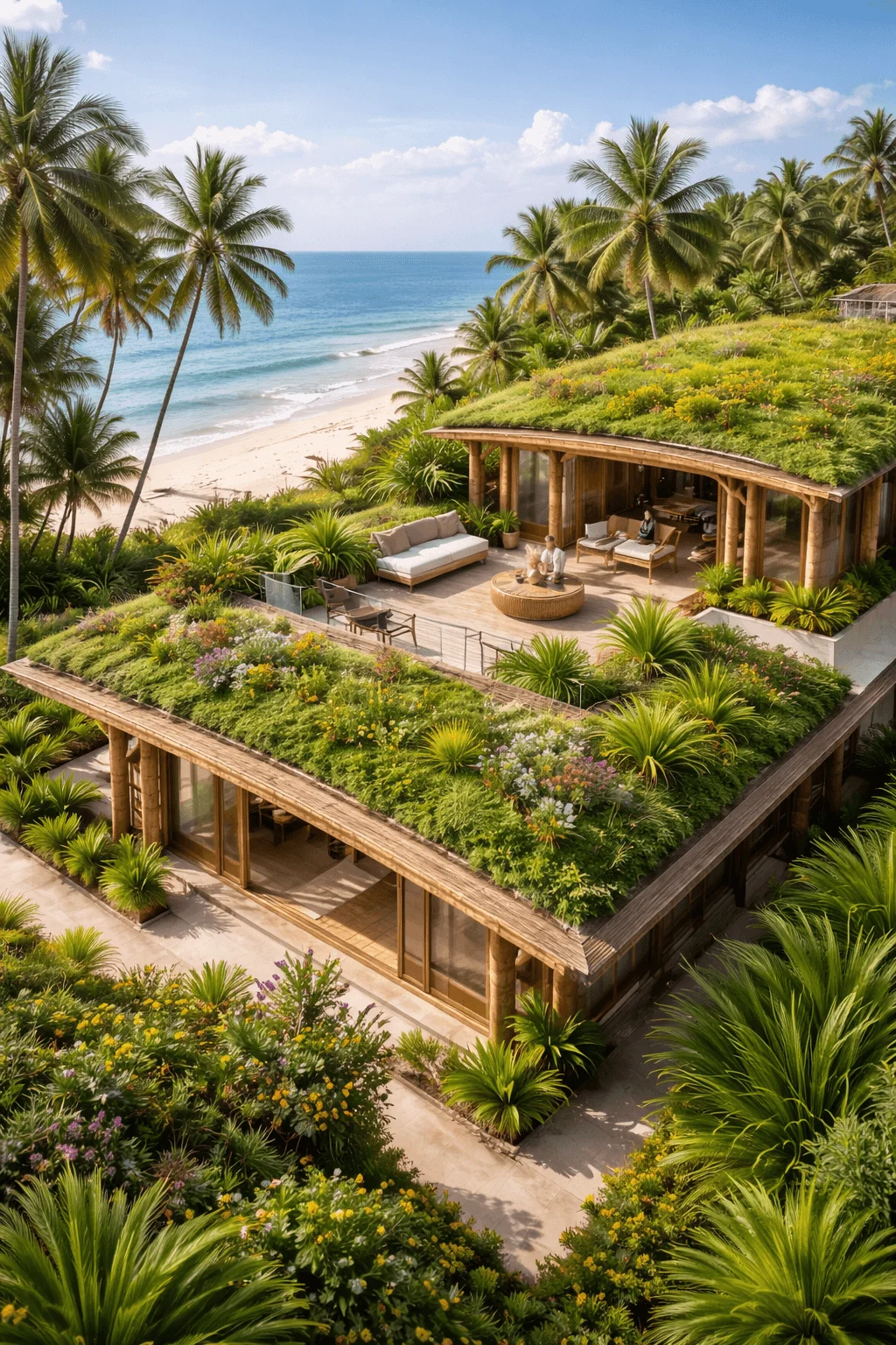 Tropical beach house with lush green roofs and layered terraces covered in native plants, overlooking the ocean and surrounded by palm trees.