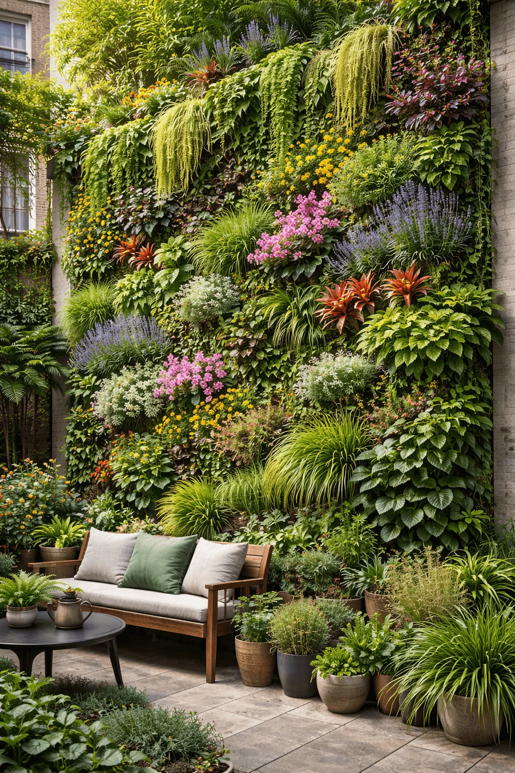 Vibrant living wall covered in lush greenery and colorful flowering plants mounted on a brick exterior, creating a vertical garden backdrop behind a cozy patio seating area with a wooden sofa, cushions, potted plants, and a small coffee table in a serene urban courtyard