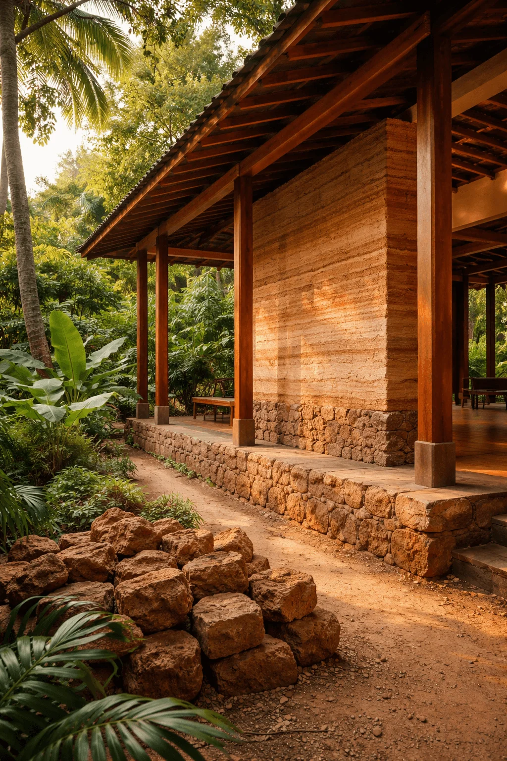 Tropical eco-home constructed with local low-embodied-carbon materials, featuring rammed earth walls, a natural stone foundation, and exposed timber framing beneath a wide overhanging roof. Surrounded by lush vegetation, the structure blends into its environment while showcasing sustainable, locally sourced building techniques.