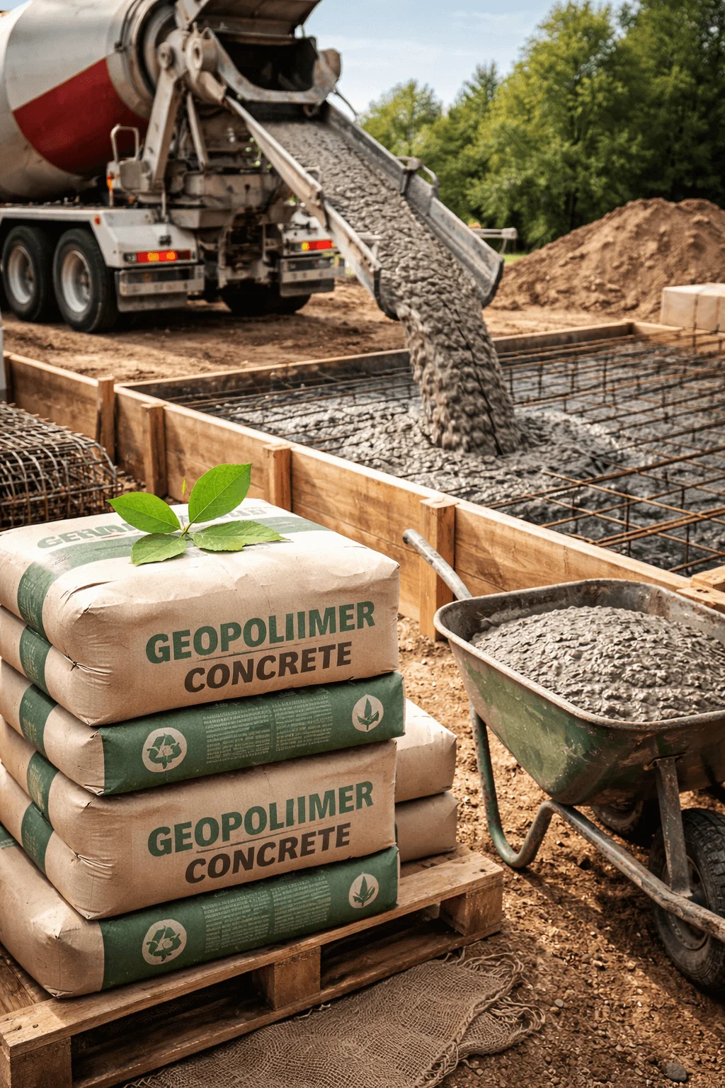 Construction site showing low carbon geopolymer concrete being poured into reinforced wooden forms from a mixer truck, with cement bags labeled geopolymer concrete and a wheelbarrow of fresh mix highlighting an eco friendly alternative to traditional cement